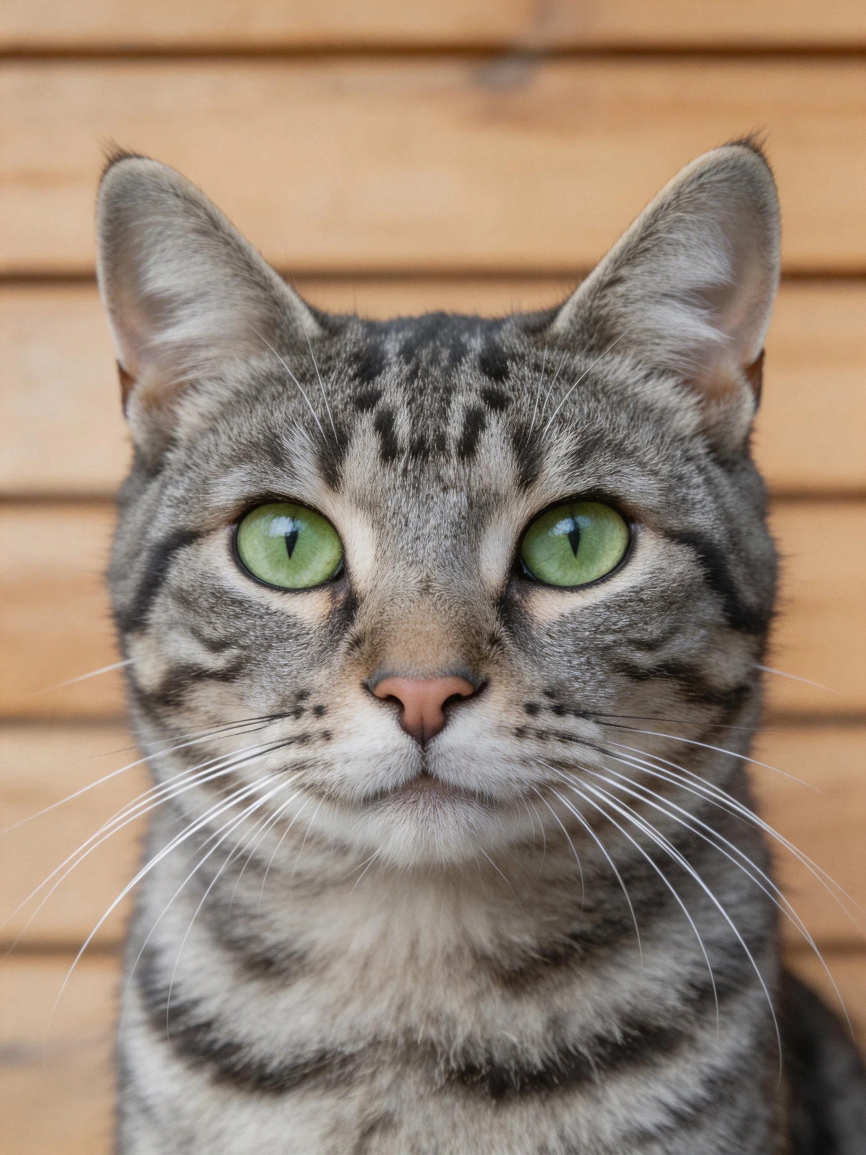 A gray tabby cat with green eyes is positioned in front of wooden paneling.