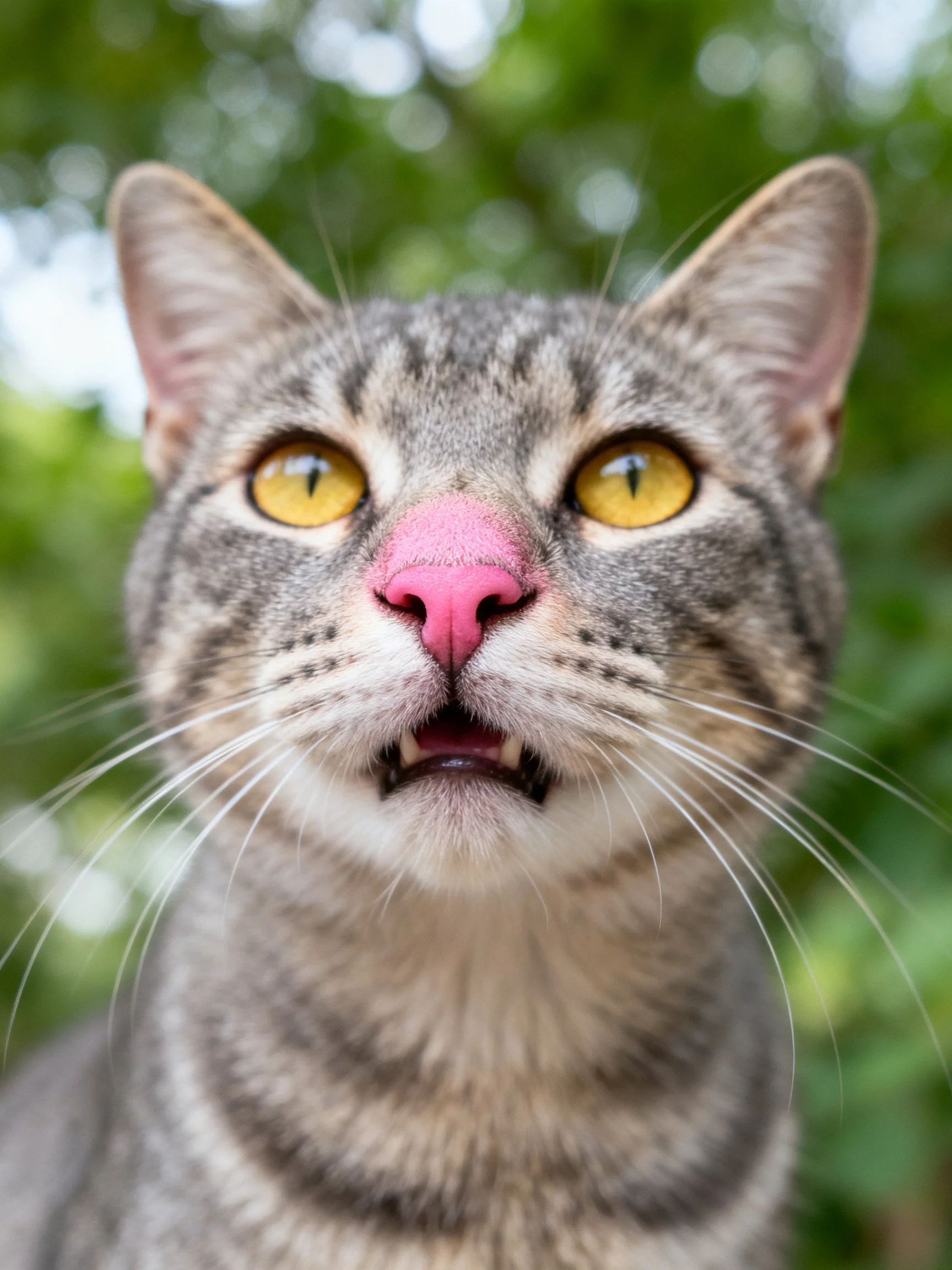 Gray tabby cat with bright yellow eyes and pink nose outdoors