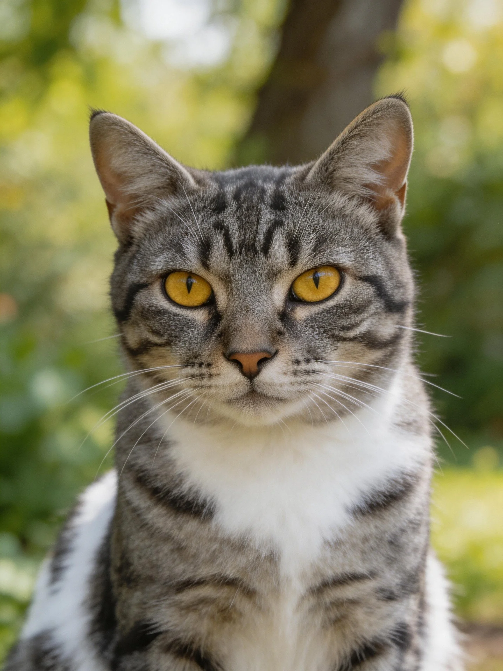 Gray tabby cat with bright yellow eyes in a lush green outdoor space