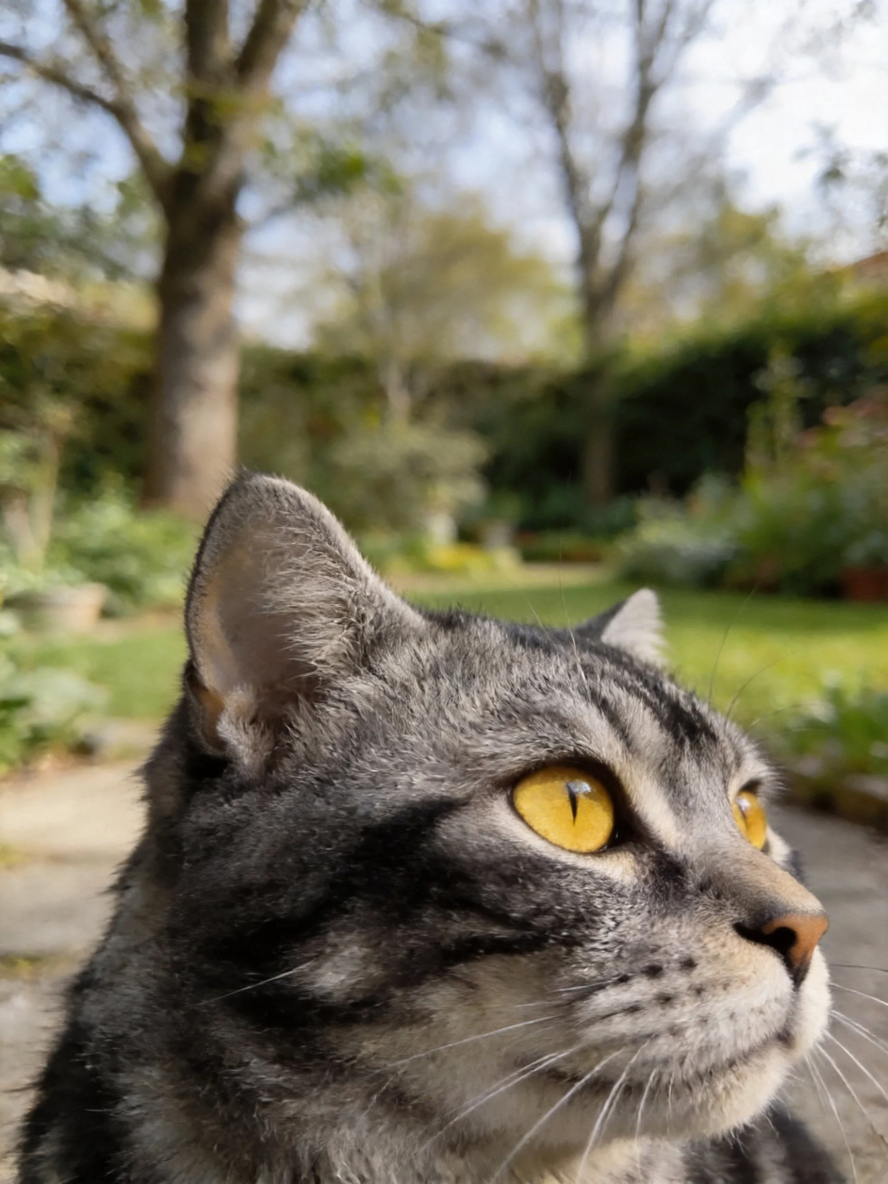 A gray tabby cat gazes attentively in a sunlit garden.