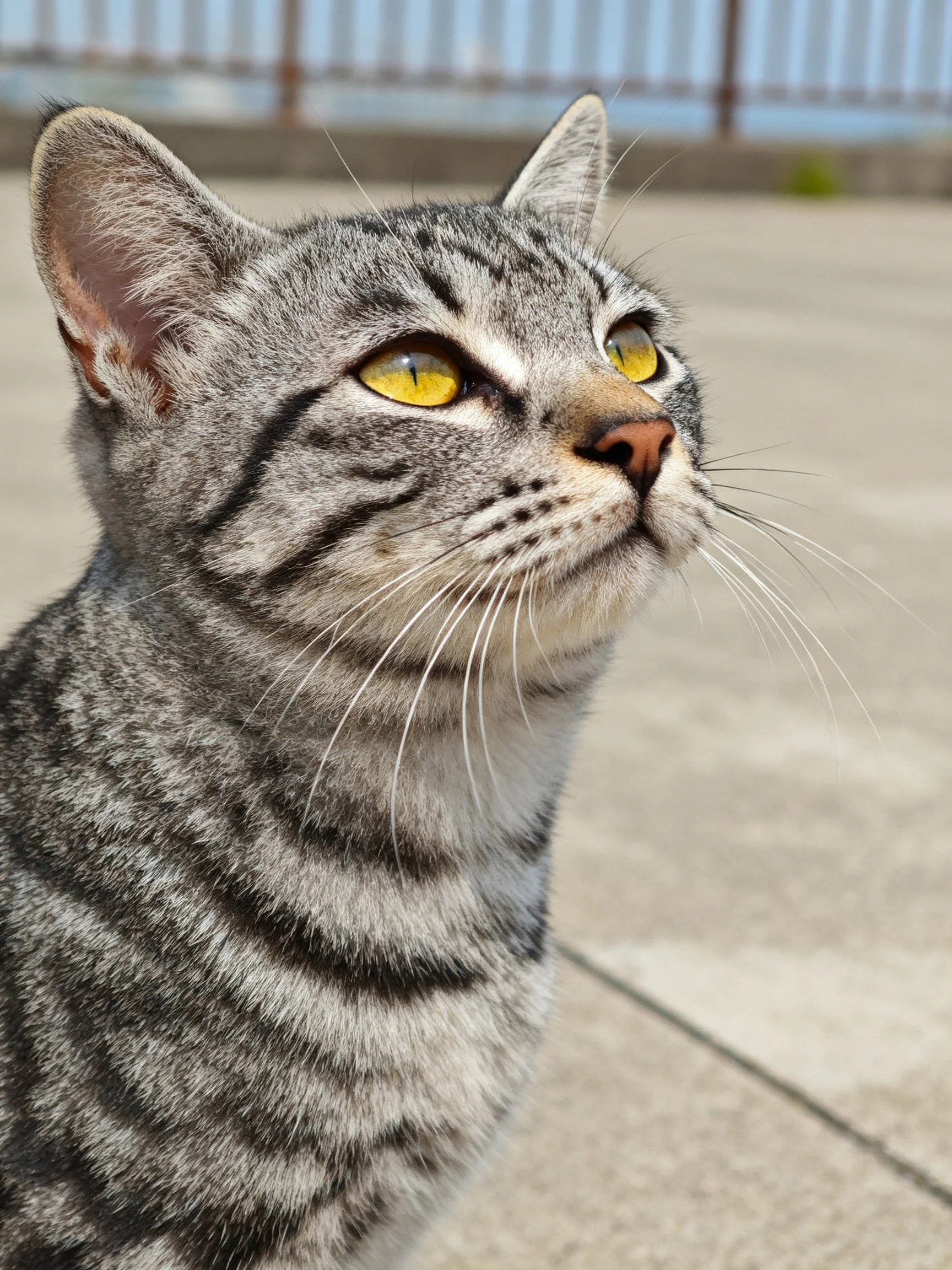 A gray tabby cat with striking yellow eyes looks upward in an outdoor space.