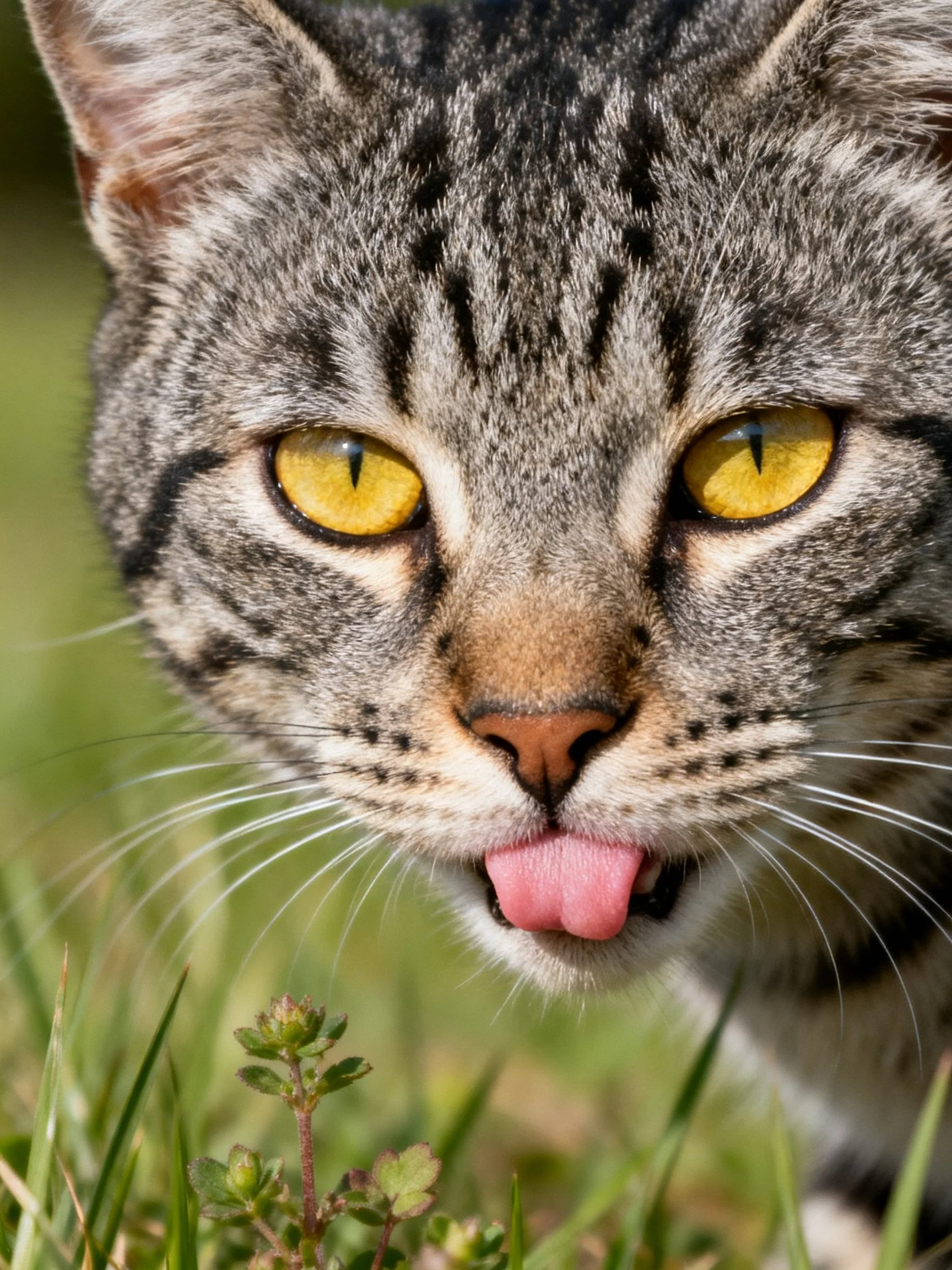 Gray tabby cat with bright yellow eyes licking near greenery