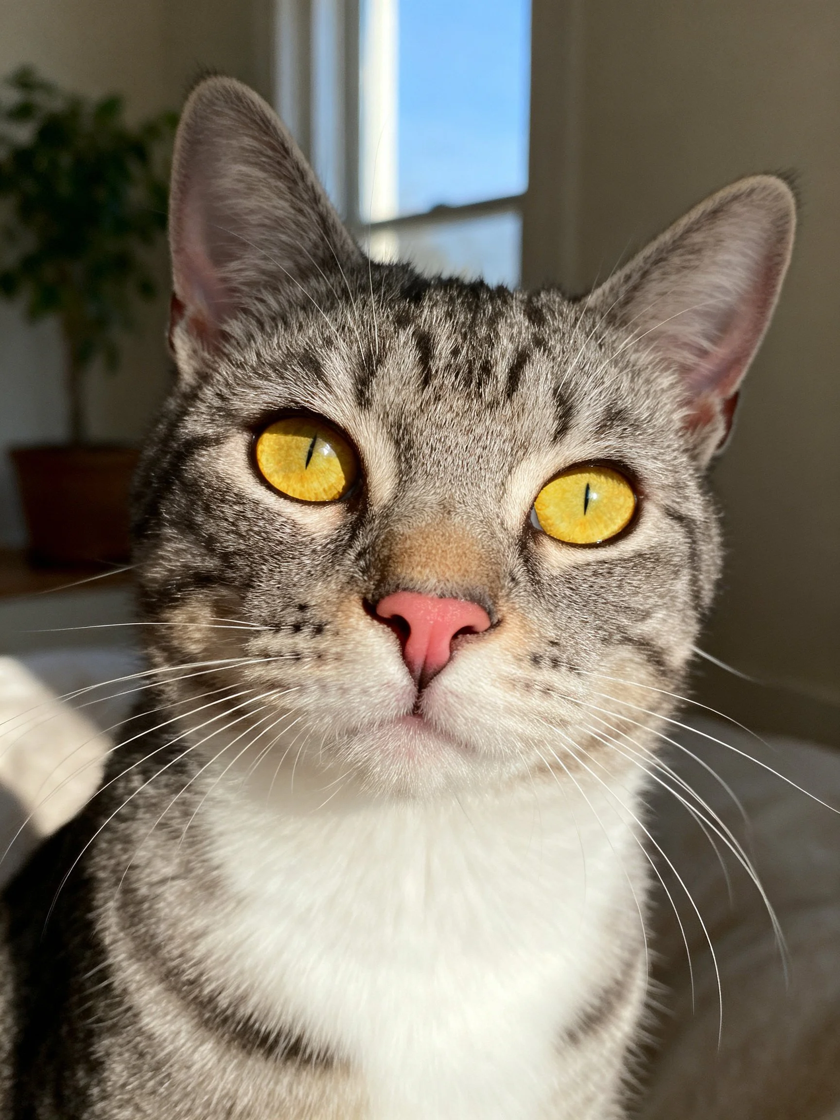 A gray tabby cat with striking yellow eyes is near an indoor window.