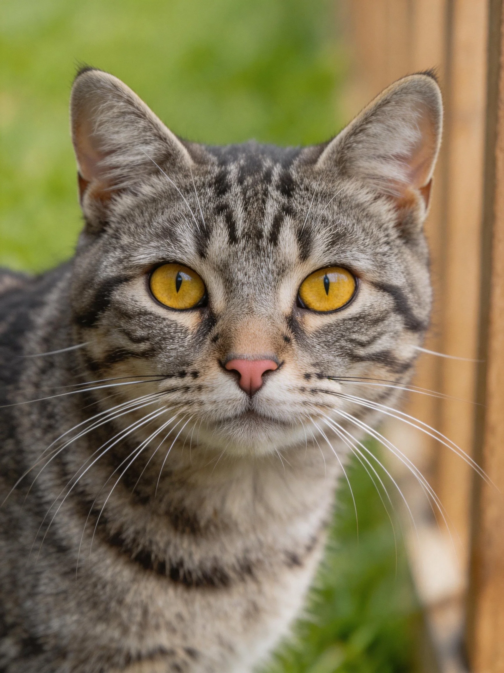 Gray tabby cat with bright yellow eyes near wooden structure