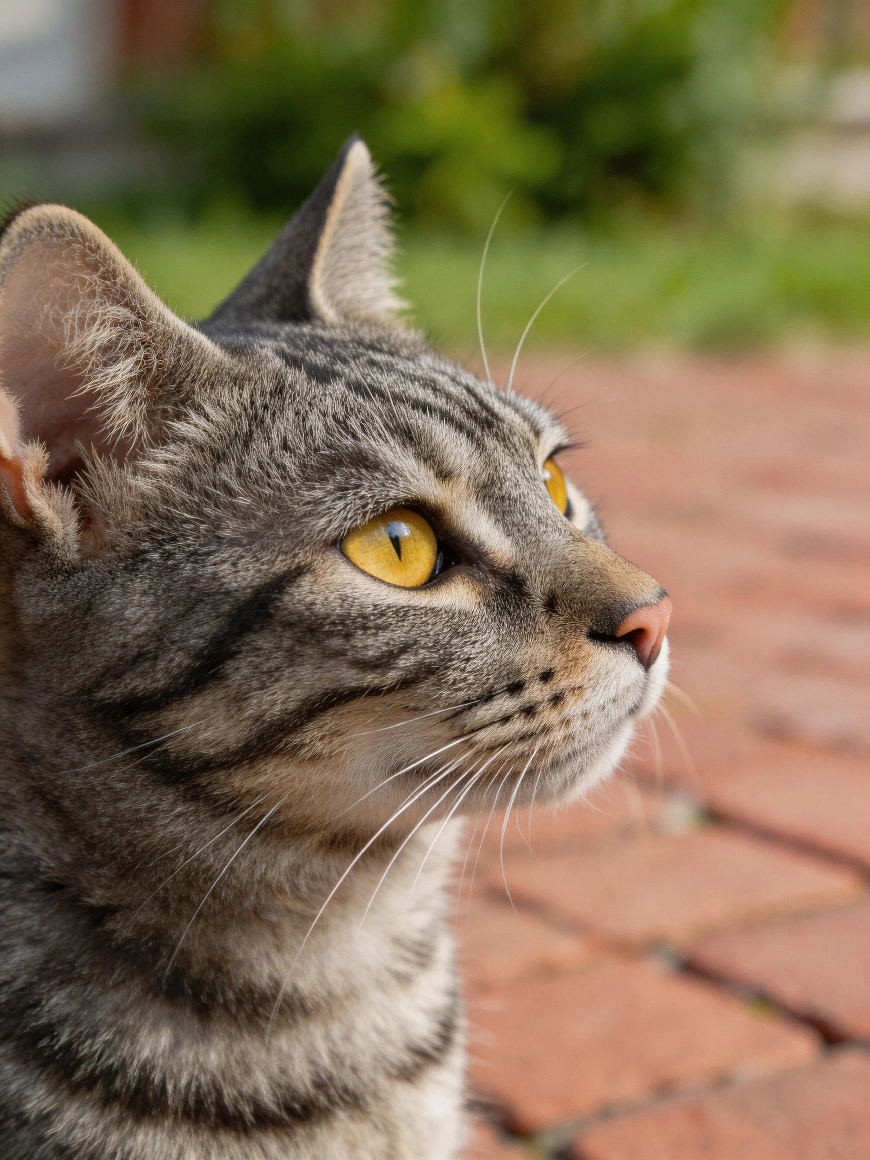 Gray tabby cat with bright yellow eyes on a brick patio