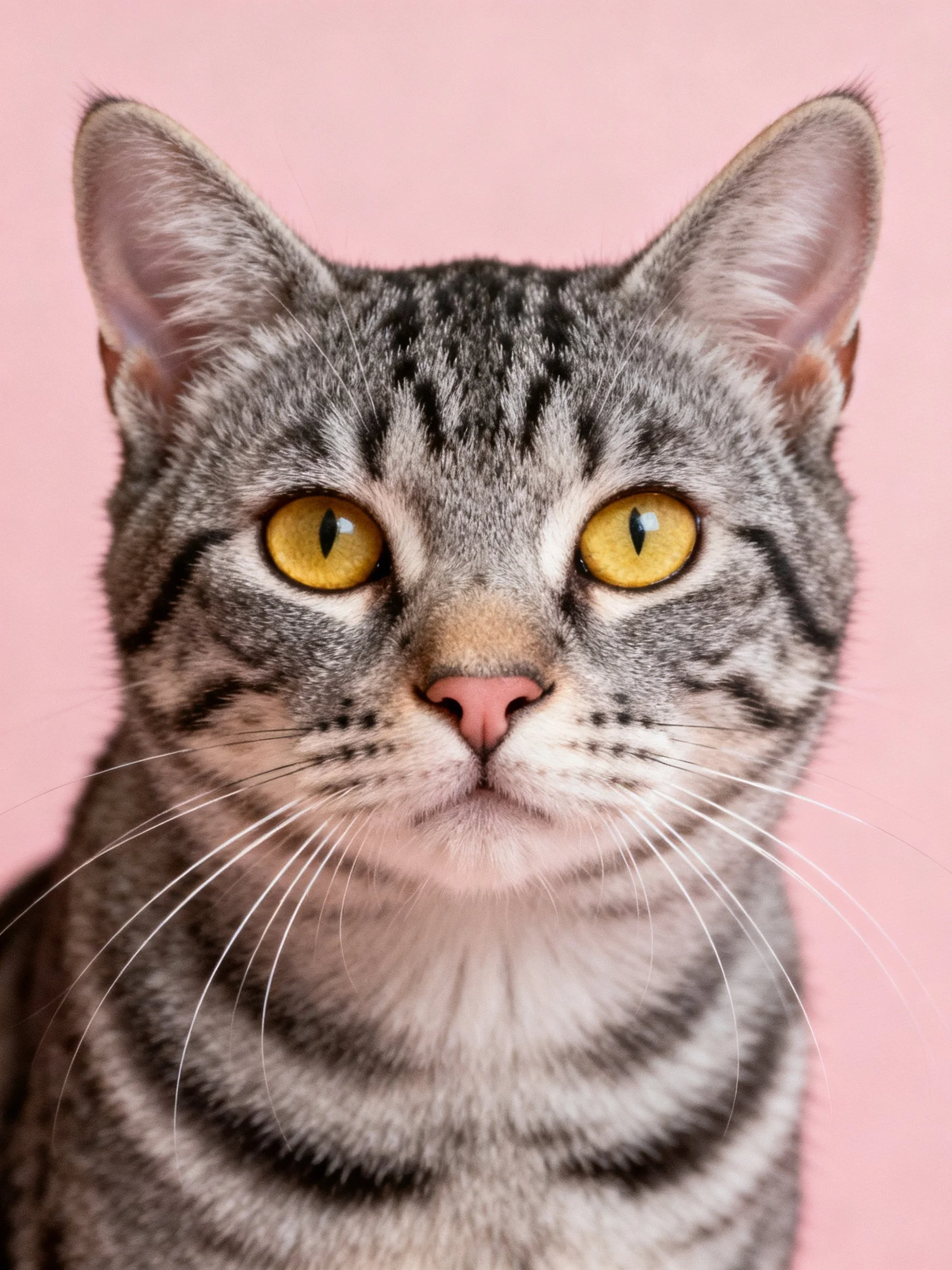 A gray tabby cat with bright yellow eyes is photographed against a pink backdrop.