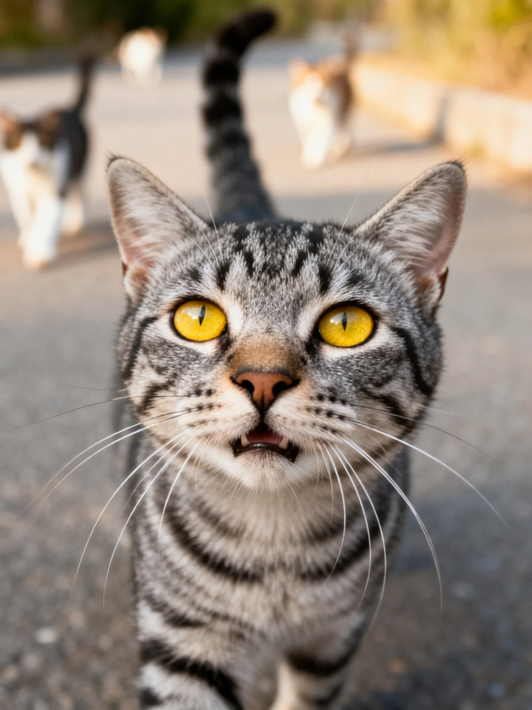 Gray tabby cat with bright yellow eyes, other cats in the background