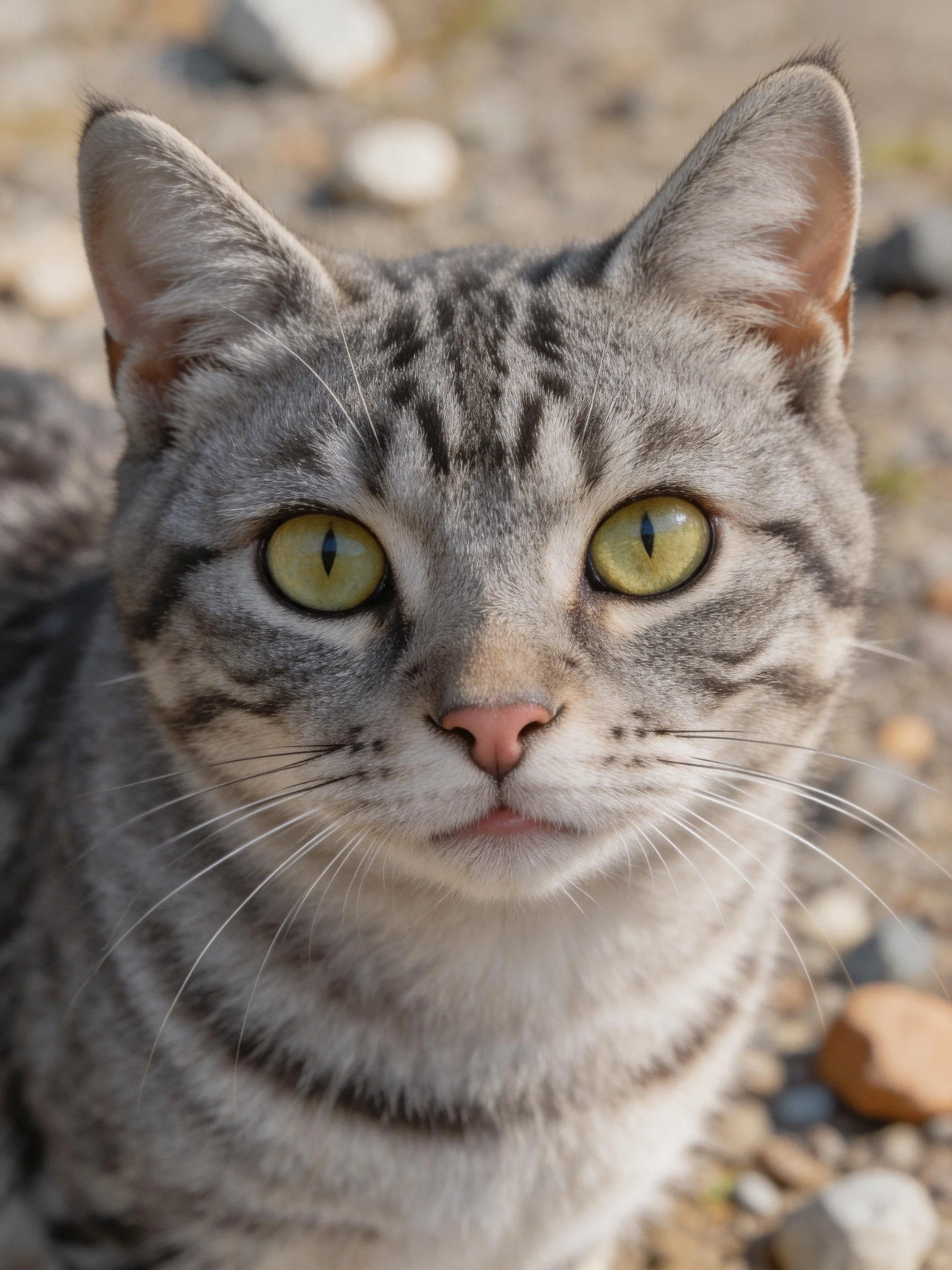 A gray tabby cat with yellow-green eyes rests amid small stones.