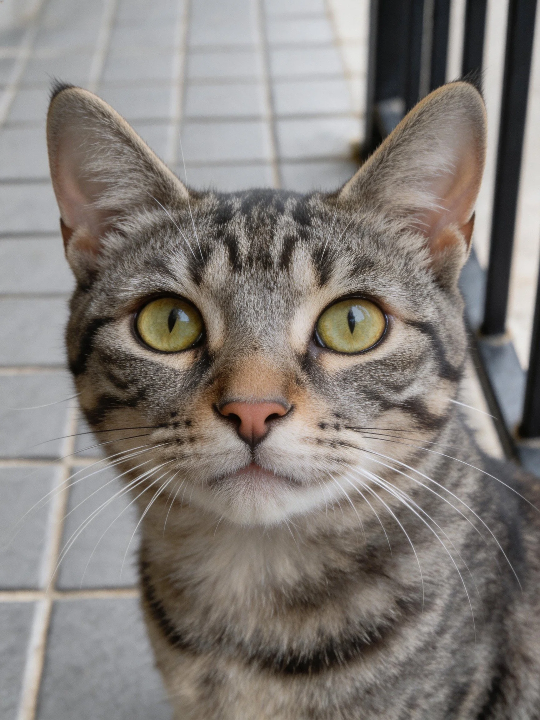 Gray tabby cat with bright yellow-green eyes near tiled area