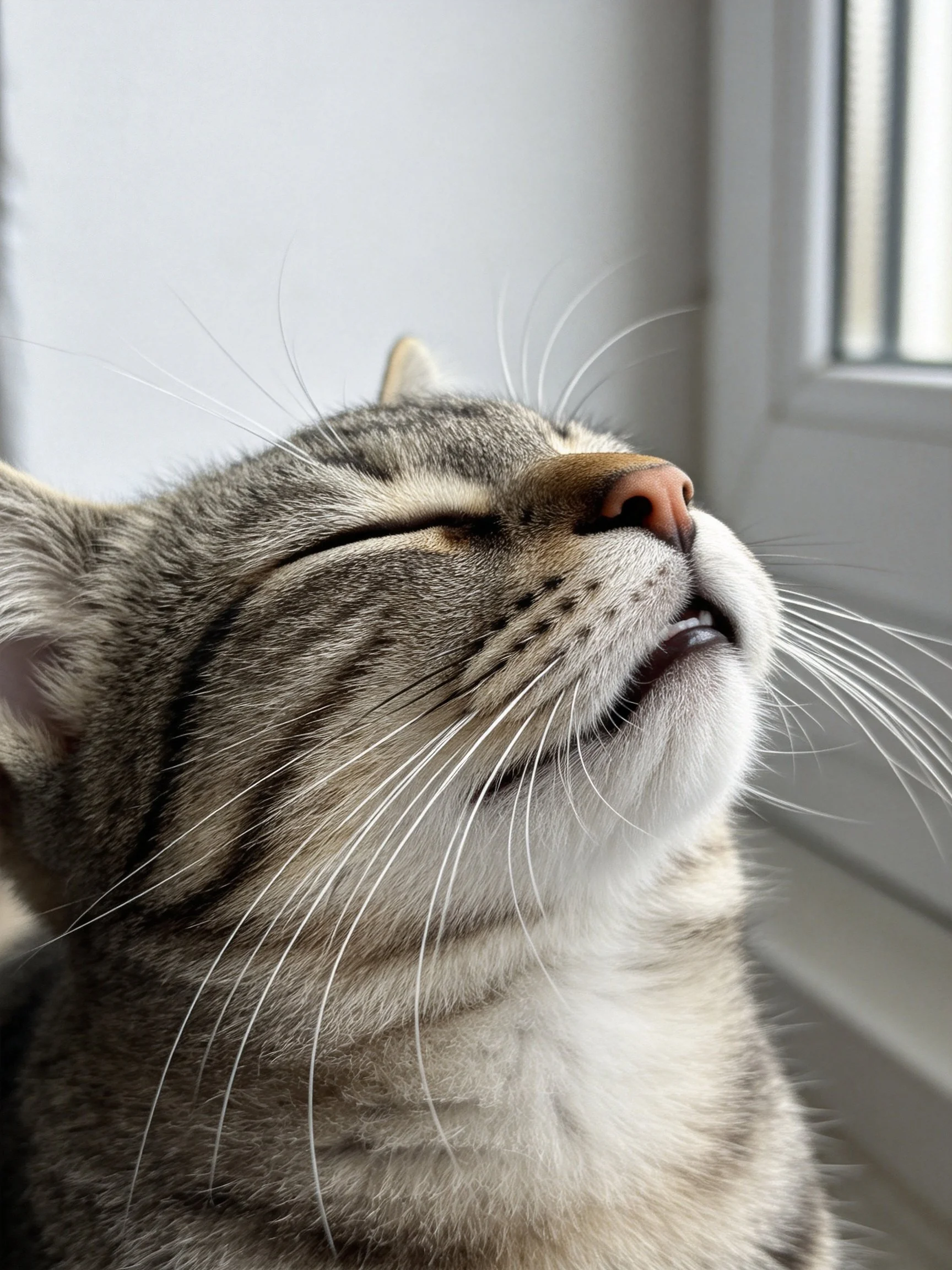 Gray tabby cat with closed eyes near a window