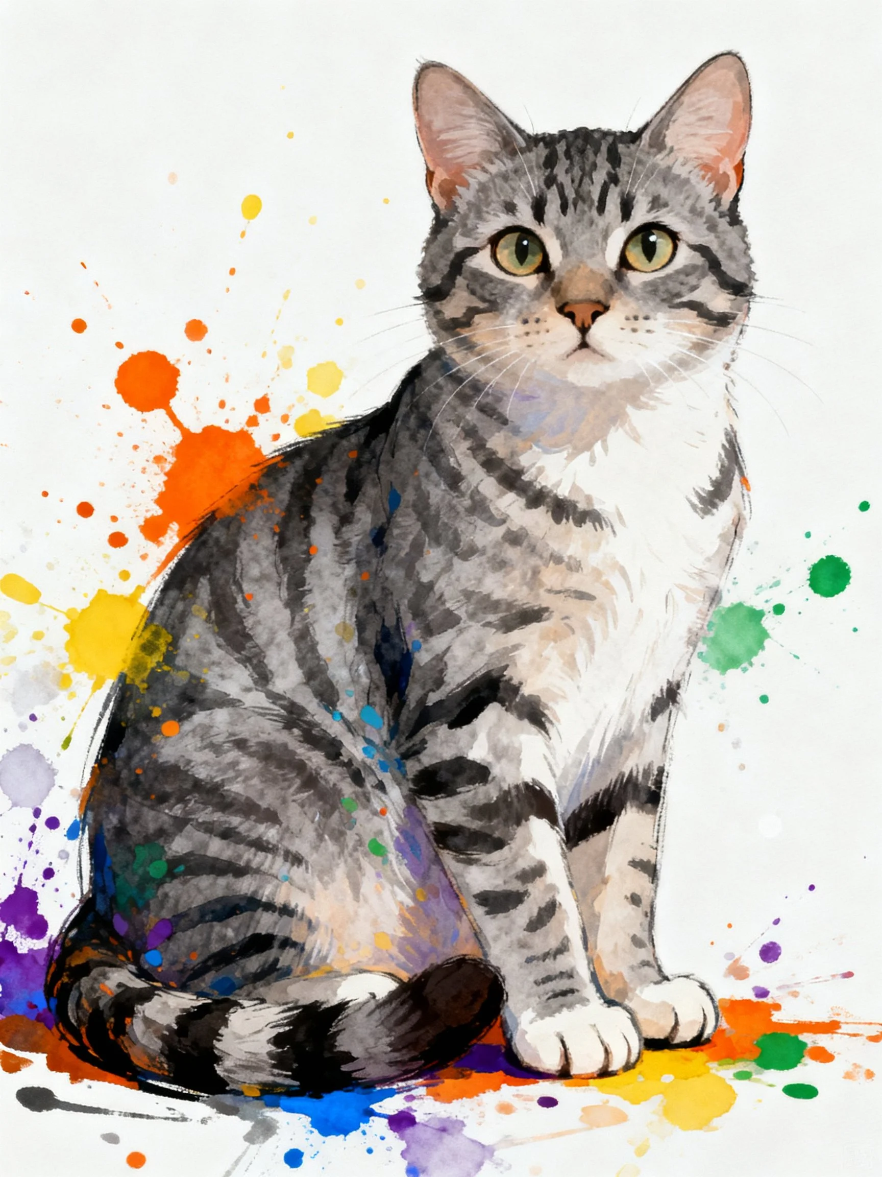 A gray tabby cat is depicted with colorful paint splatters in an artistic style.