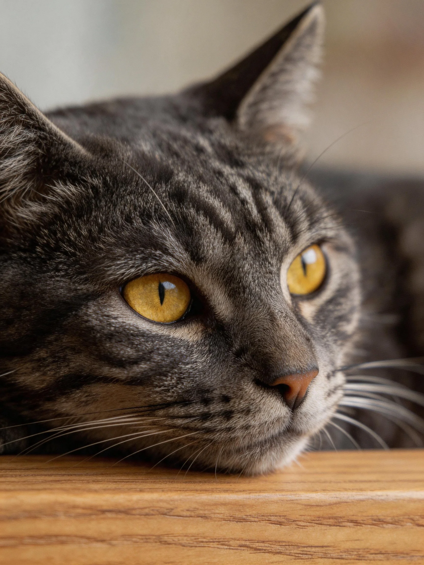 A gray tabby cat with golden eyes rests near a wooden surface.