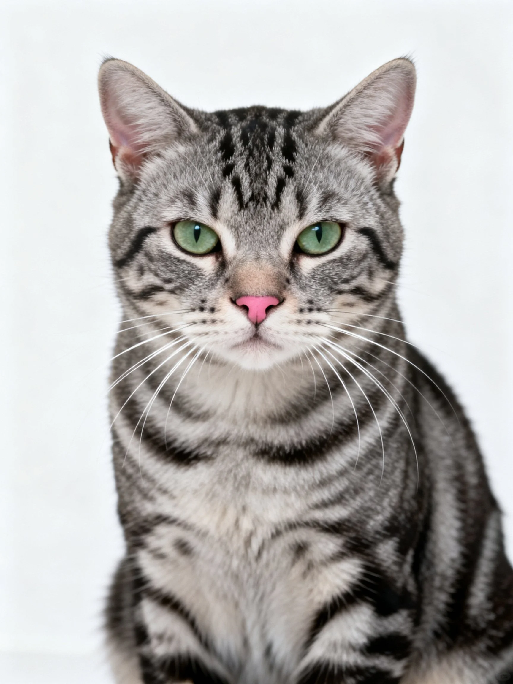 A gray tabby cat with green eyes poses against a white background.