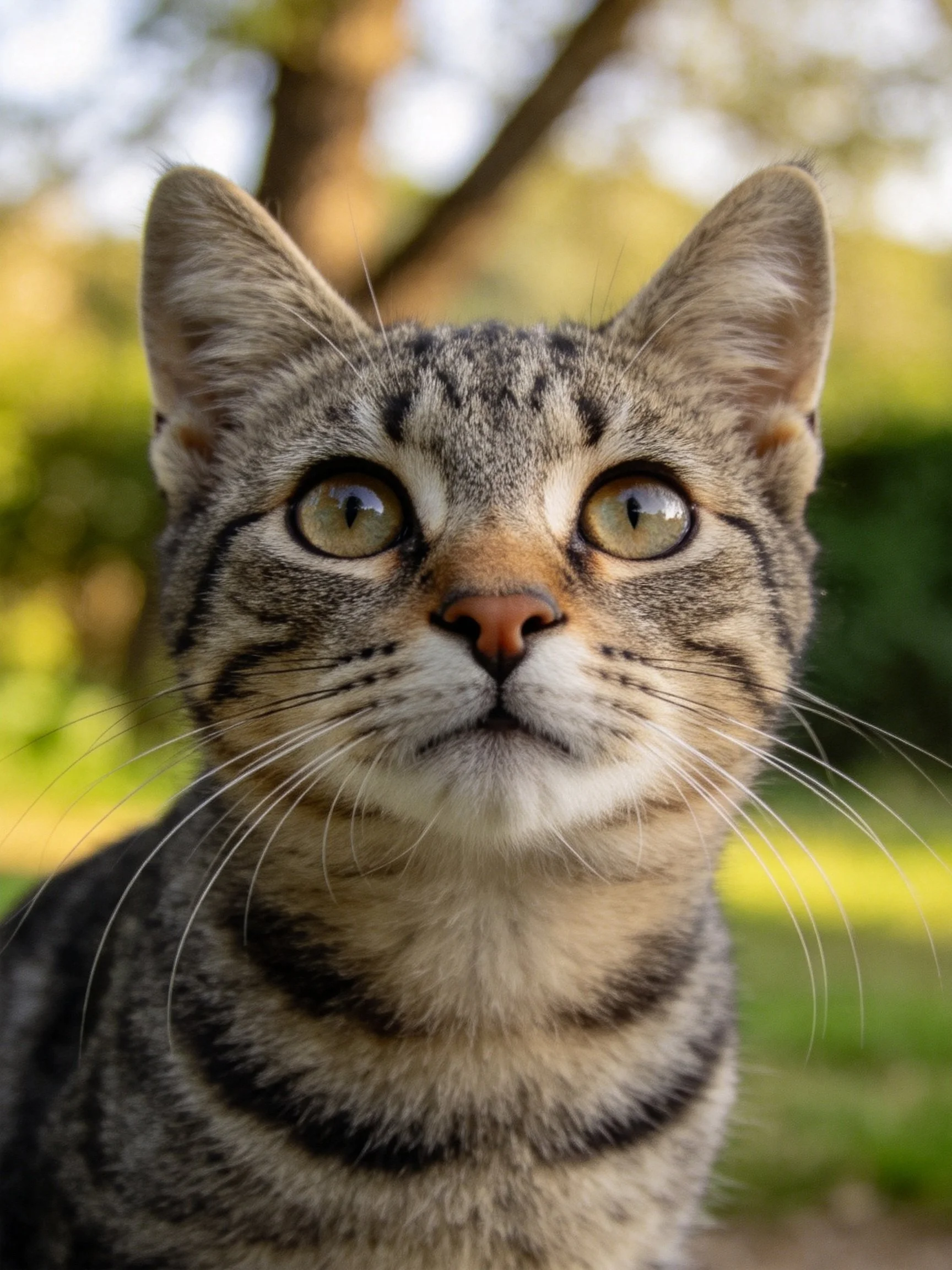 Gray tabby cat with green eyes in an outdoor setting