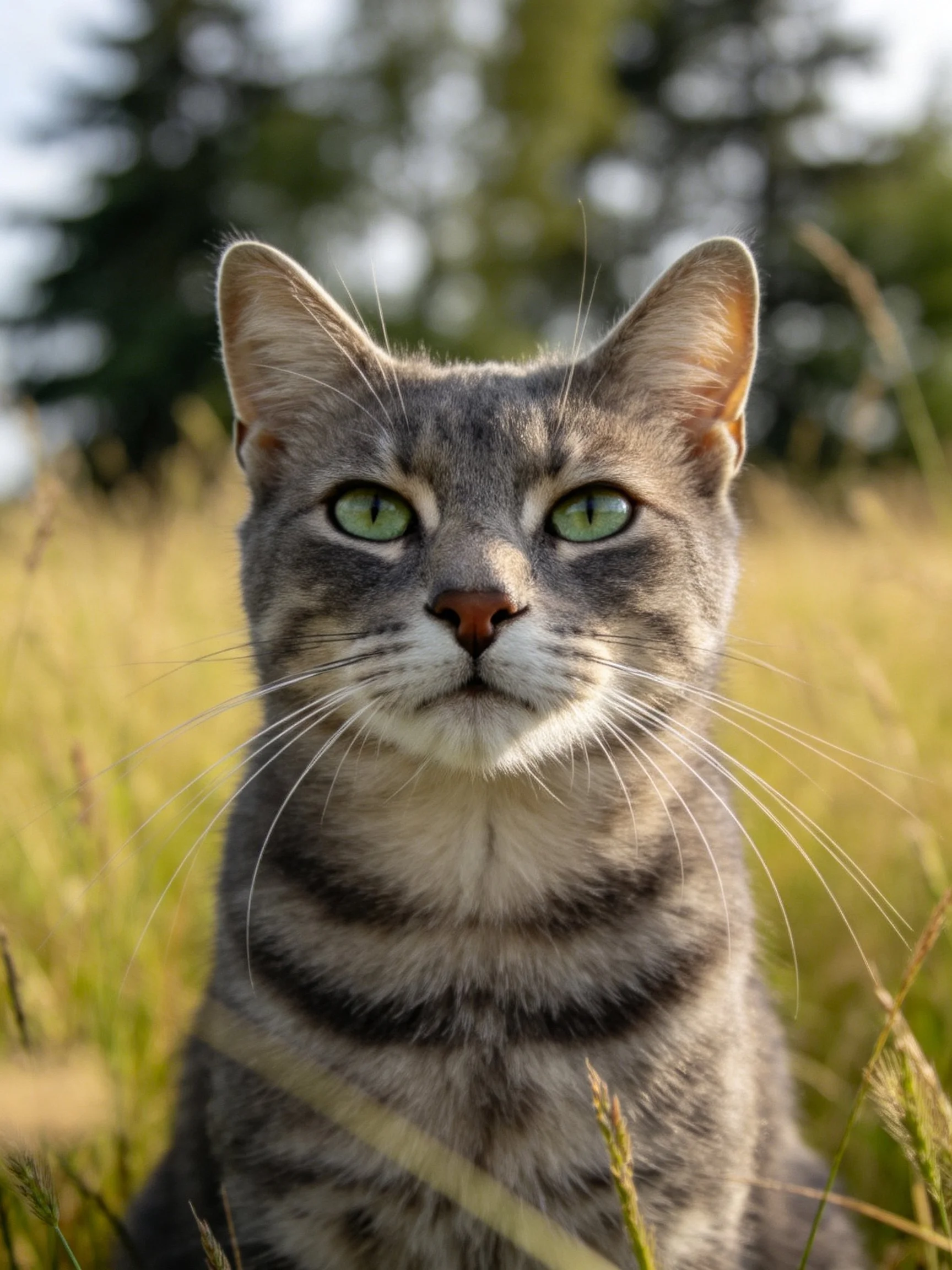 A gray tabby cat with green eyes is positioned amid tall golden grass with trees in the background.