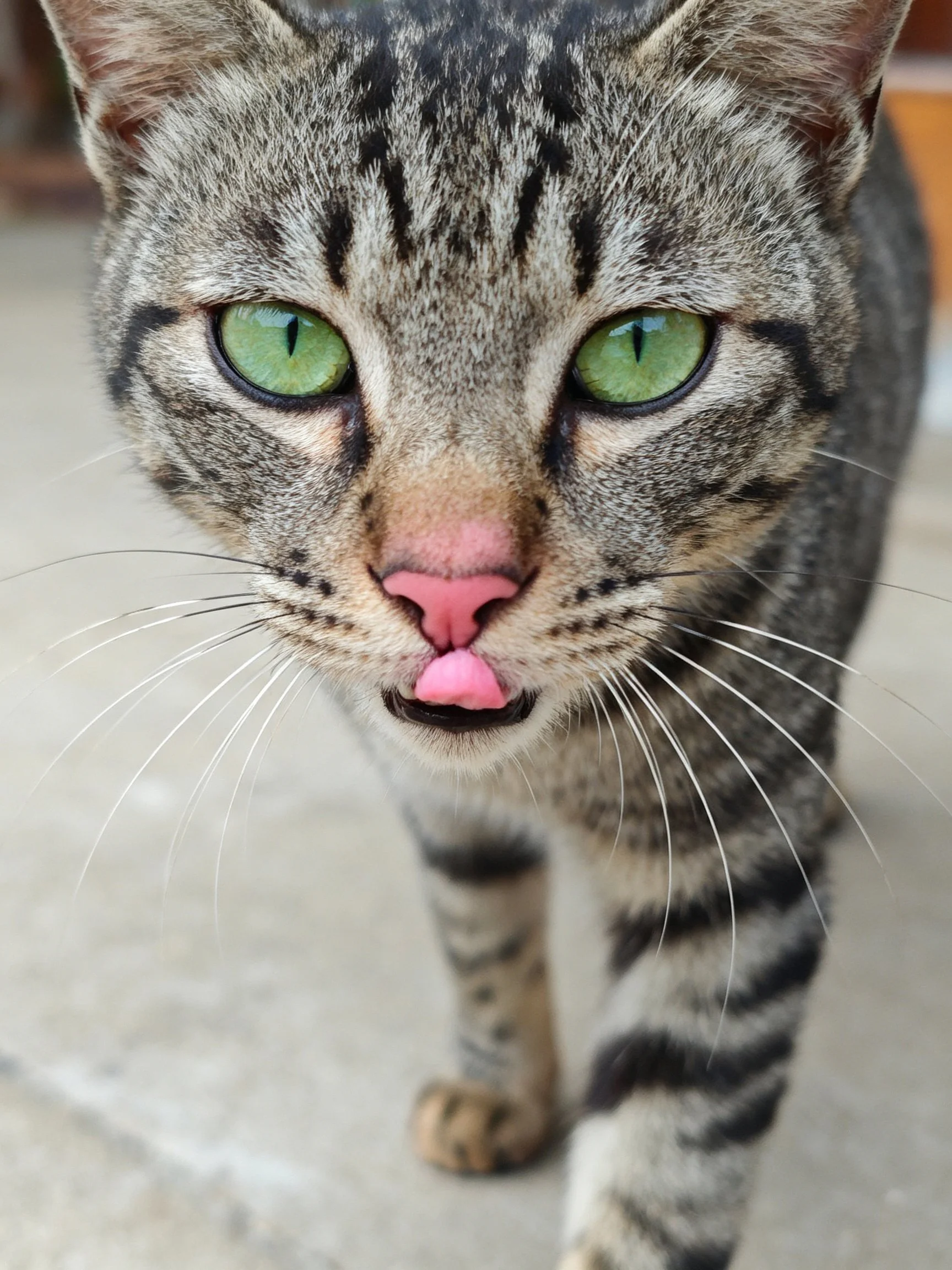 A gray tabby cat with green eyes licks a pink object.