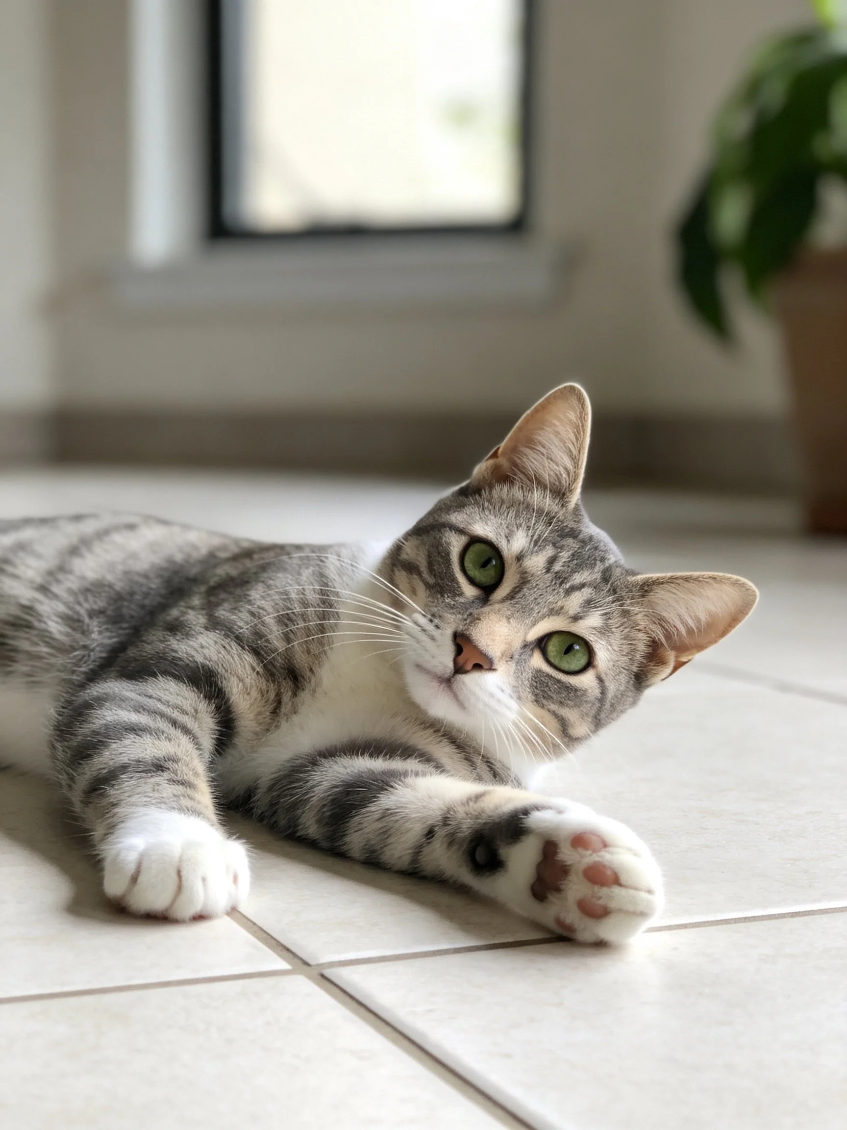 A gray tabby cat with green eyes relaxes on an indoor tiled floor.