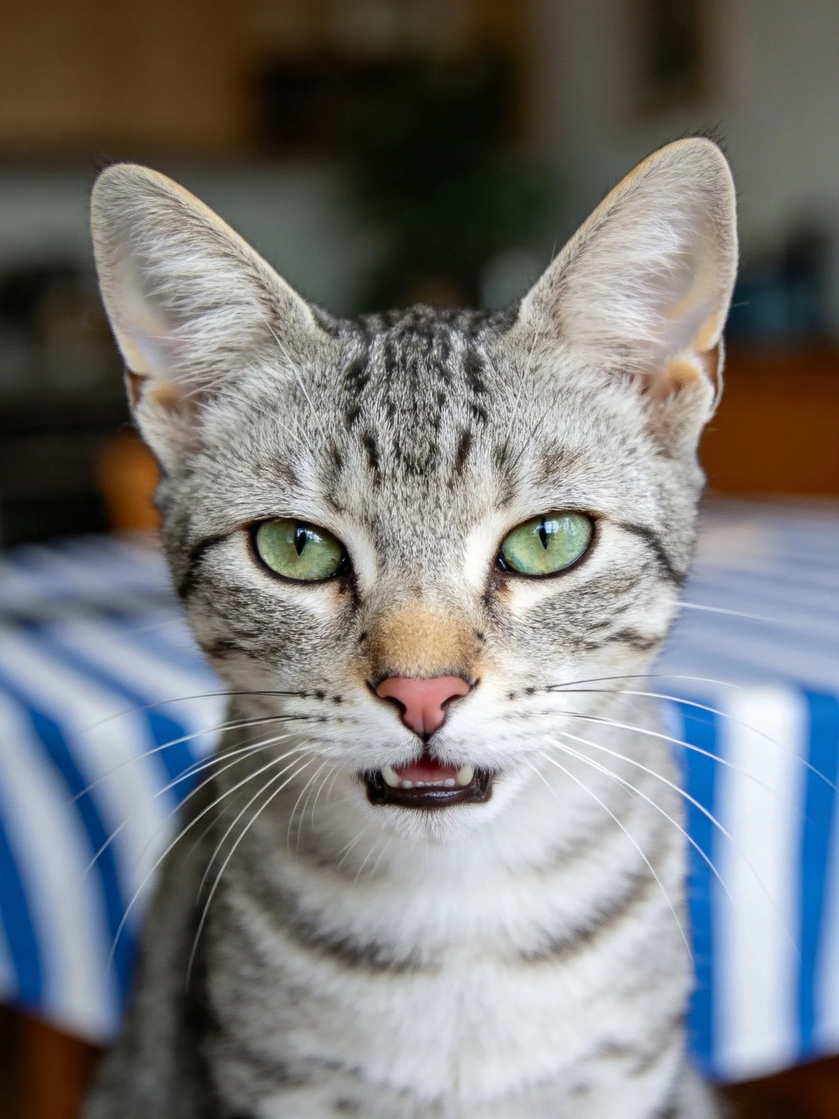 Gray tabby cat with green eyes sits by a blue-striped surface.