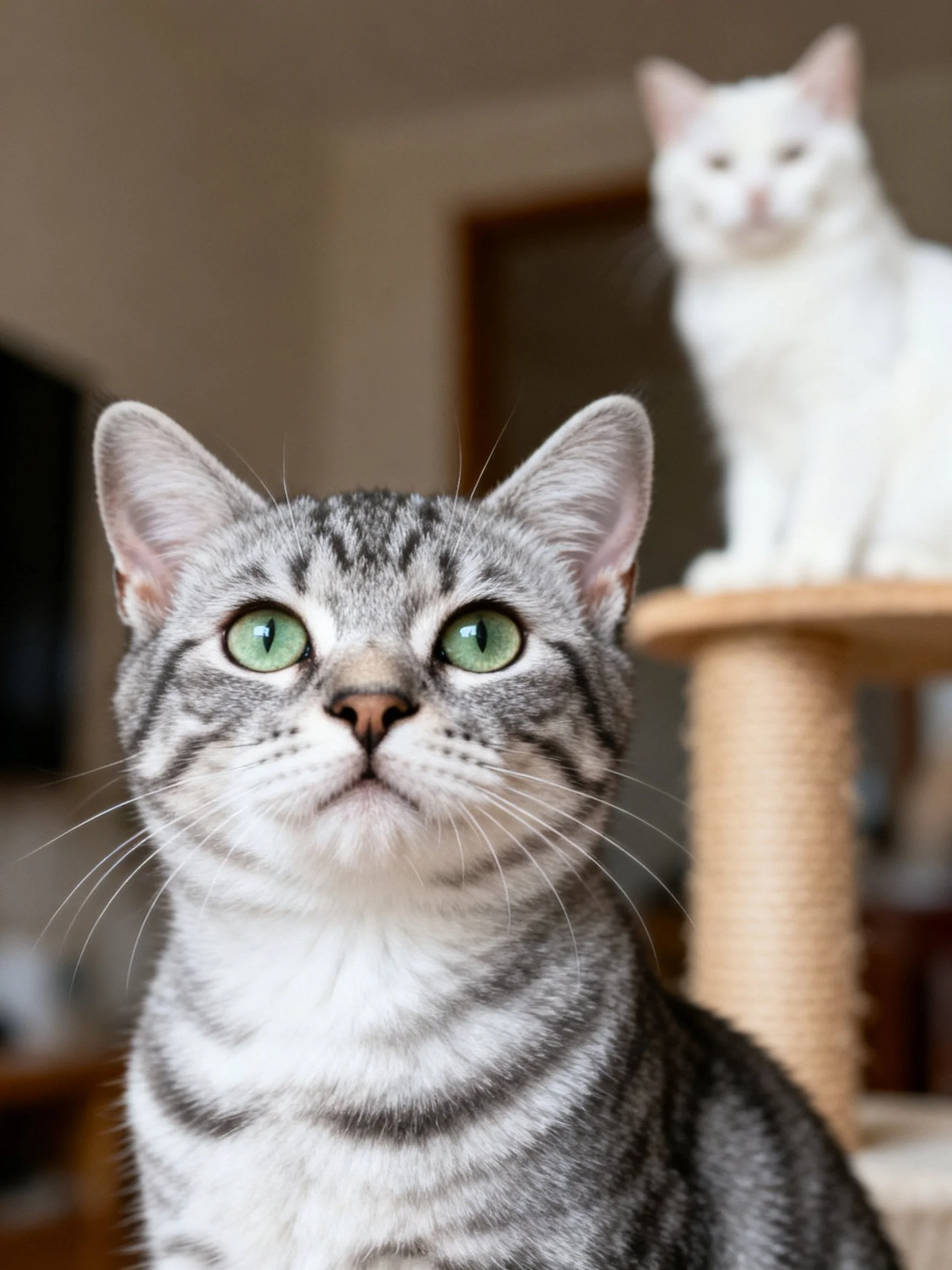 A gray tabby cat with green eyes is positioned close to a white cat on a scratching post indoors.
