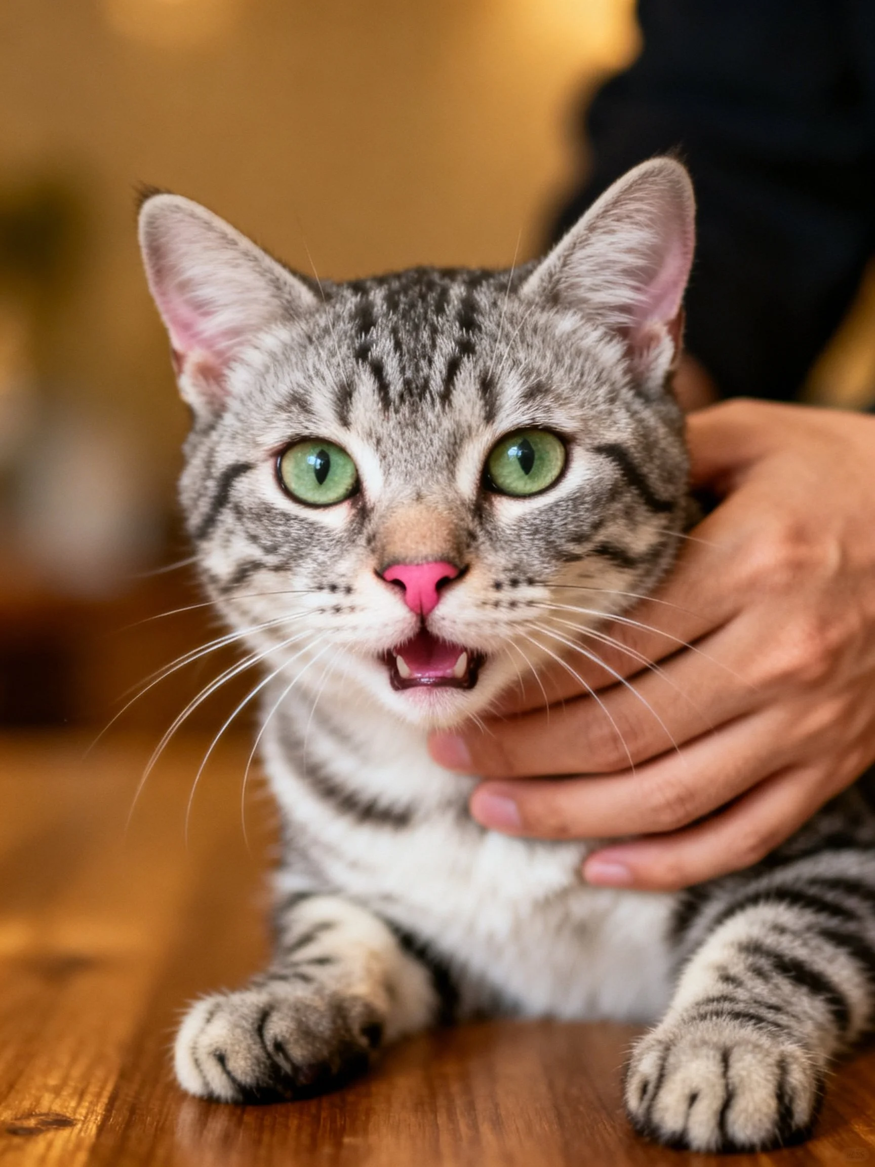 A gray tabby cat with green eyes is being petted on a wooden surface.