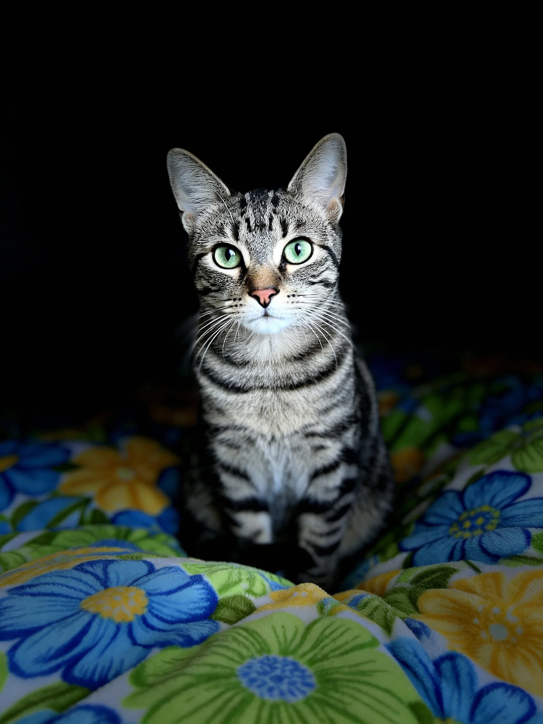 Gray tabby cat with green eyes on colorful floral blanket