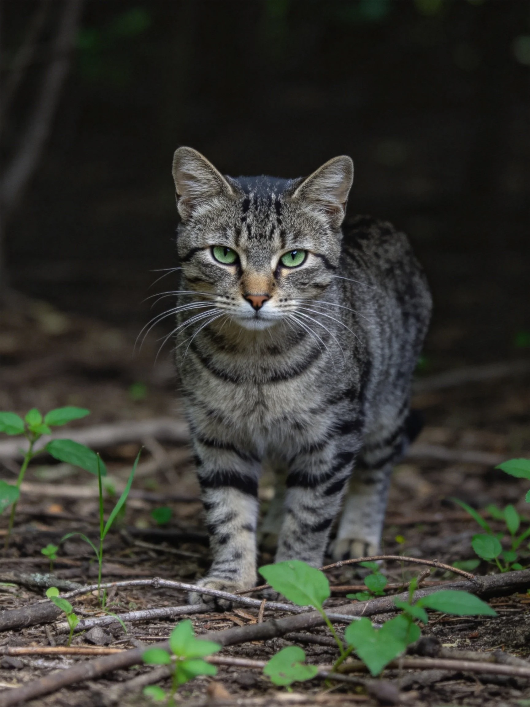 A gray tabby cat with green eyes moves through a shaded forest floor.