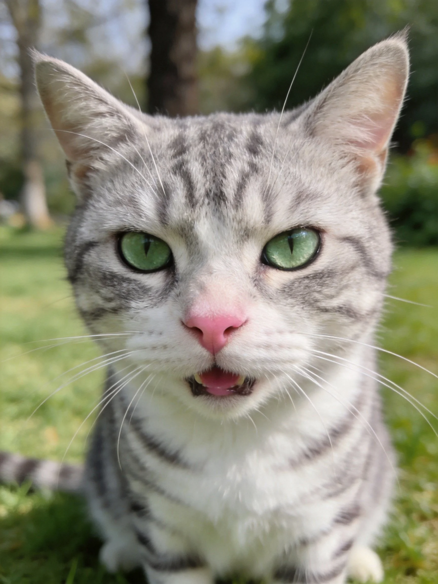 A gray tabby cat with green eyes sits on grass in an outdoor setting.