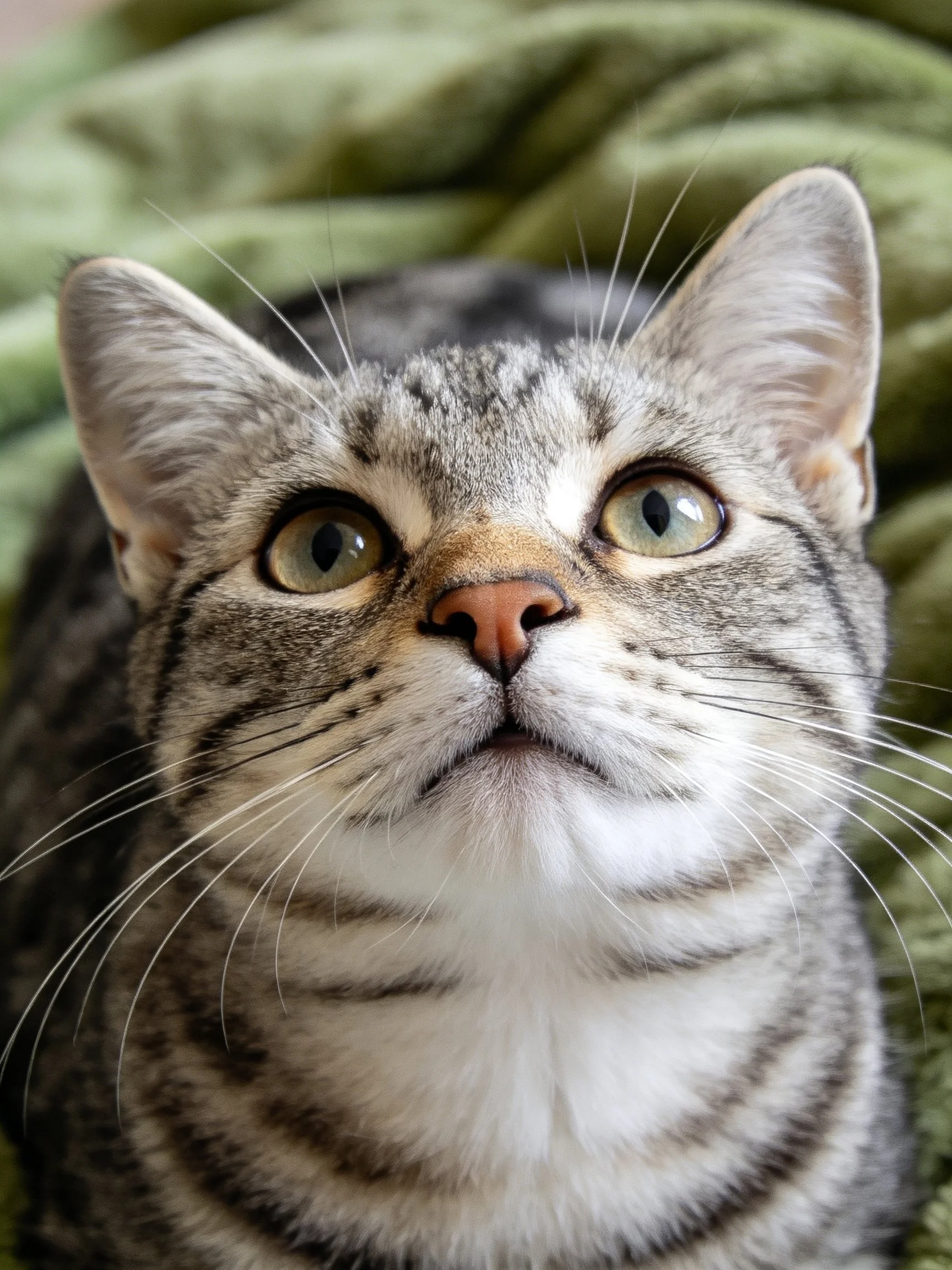 A gray tabby cat with green eyes rests on a green fabric.