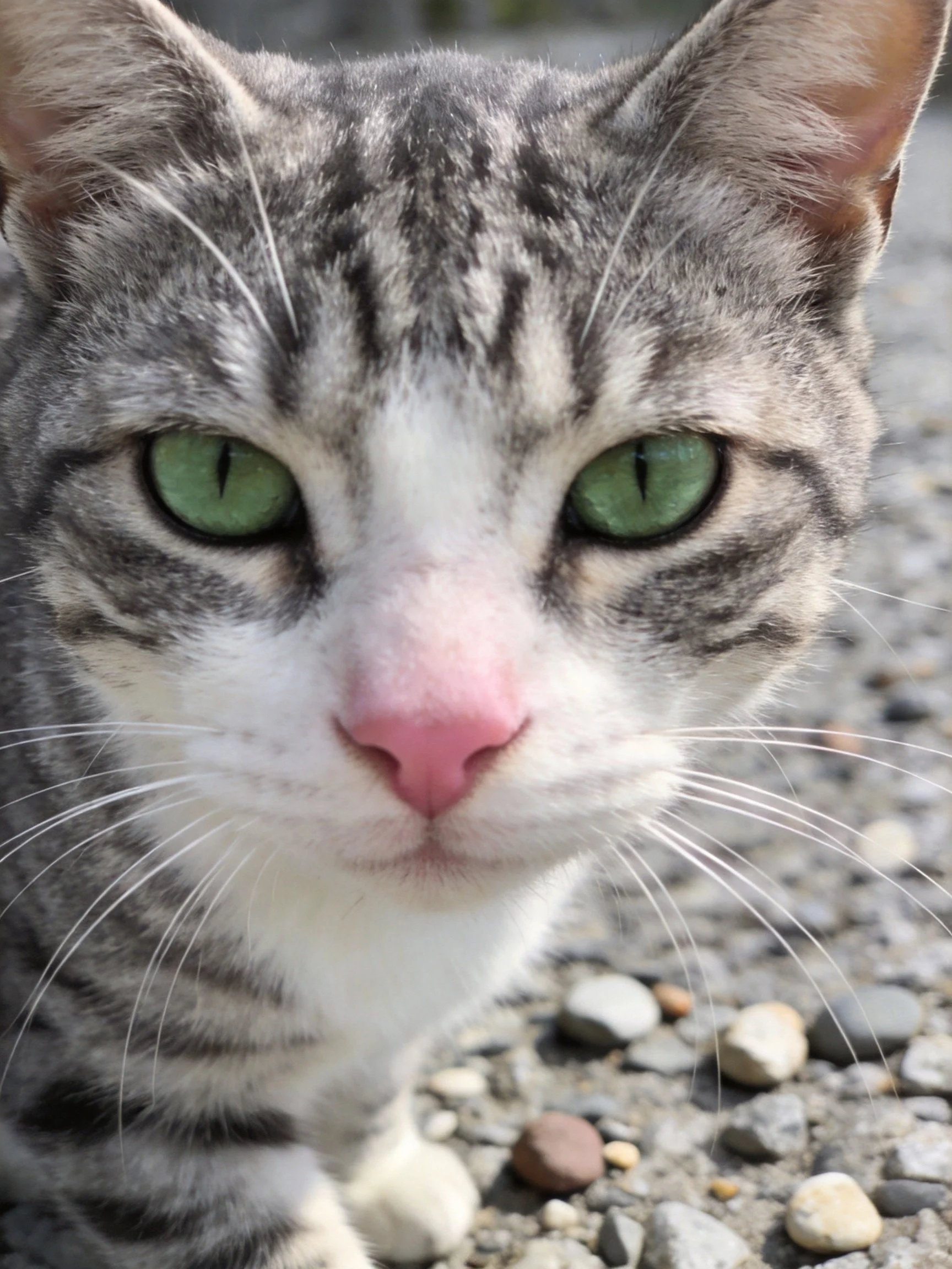 Close - up of a gray tabby cat with green eyes on gravel