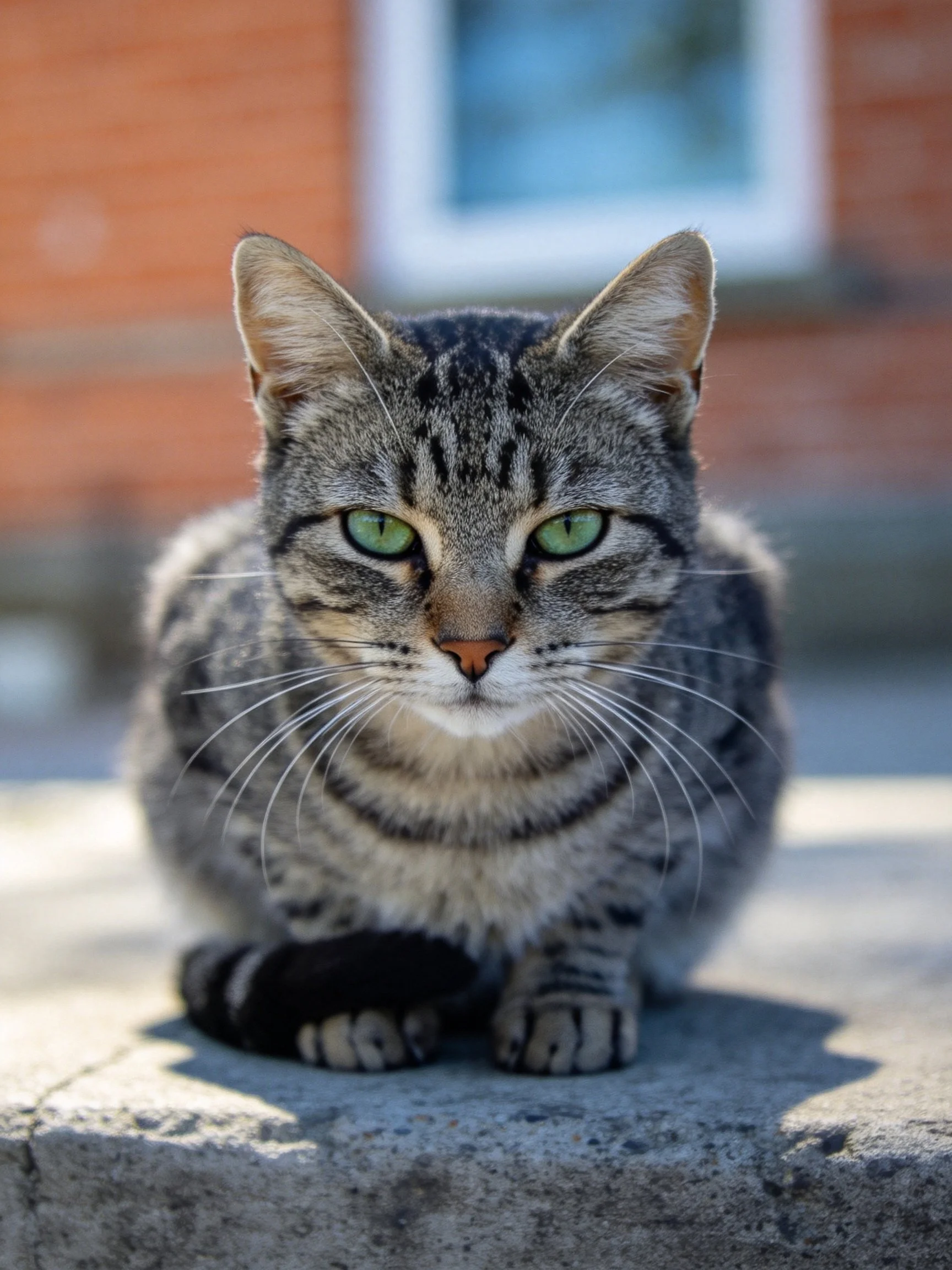 Gray tabby cat with green eyes sits on stone ledge outside.