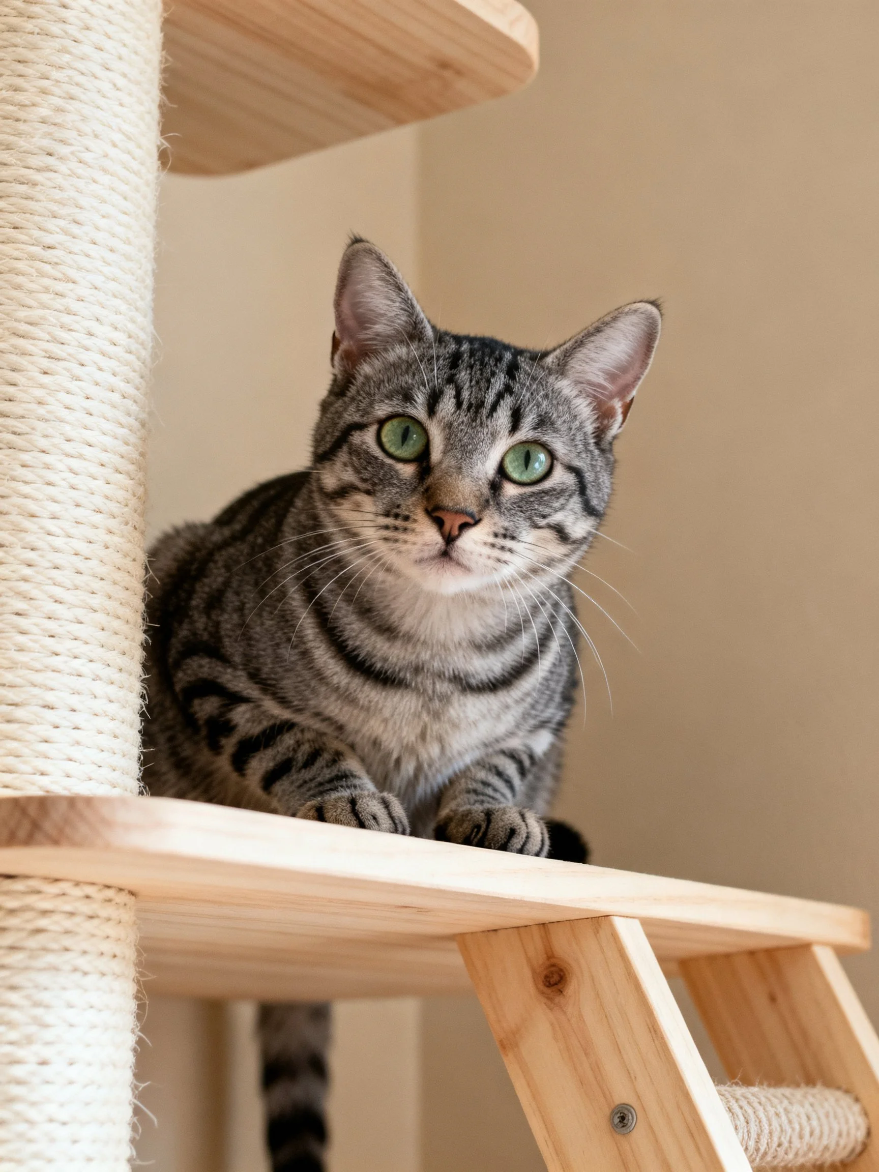Gray tabby cat with green eyes sits on wooden cat structure
