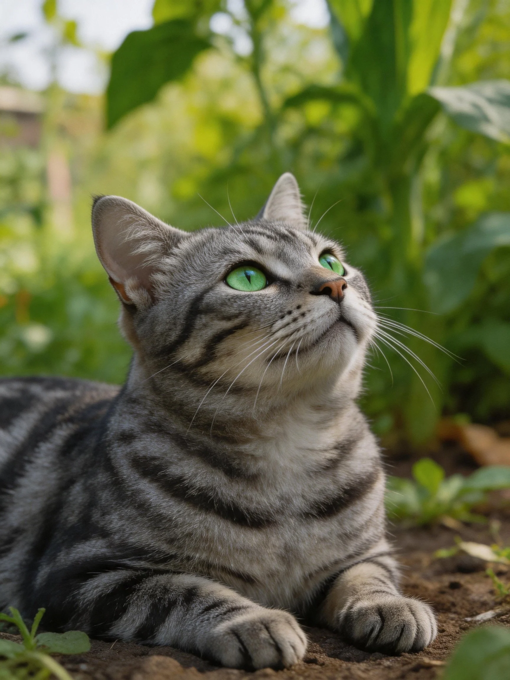A gray tabby cat with green eyes relaxes in a garden environment.