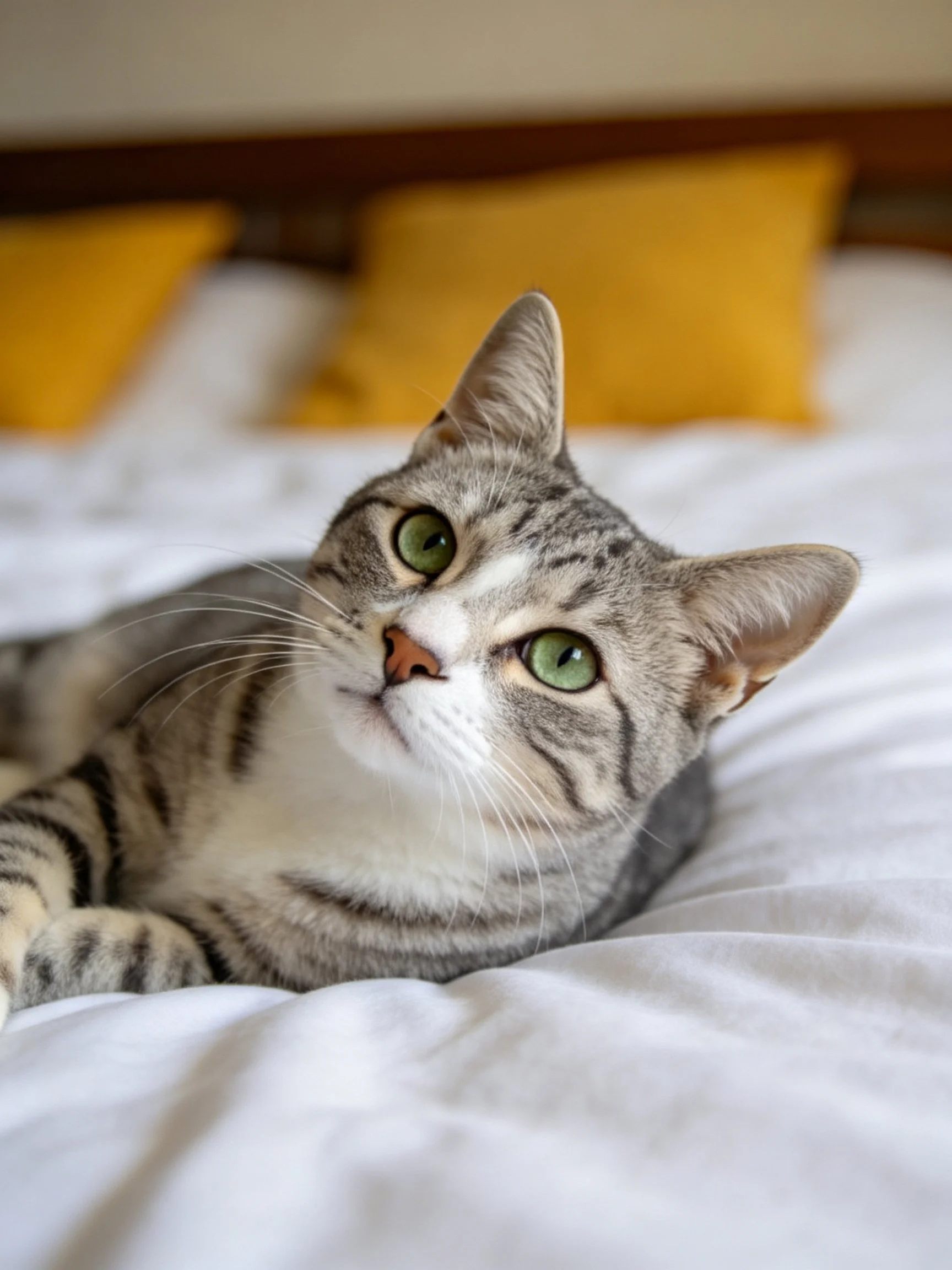 A gray tabby cat with green eyes rests on a white bed near yellow pillows.