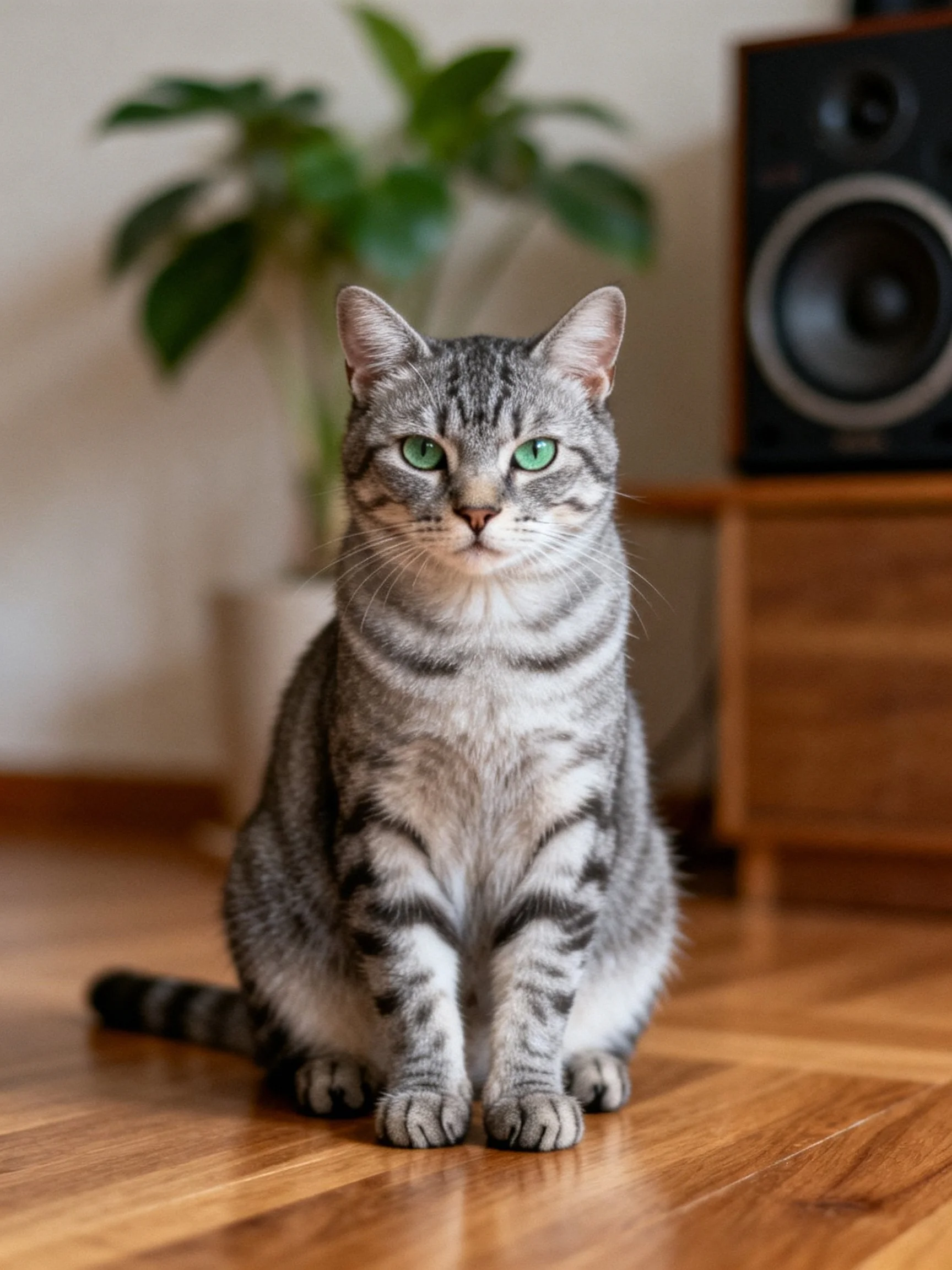 Gray tabby cat with green eyes sits calmly on a wooden floor surrounded by indoor elements.