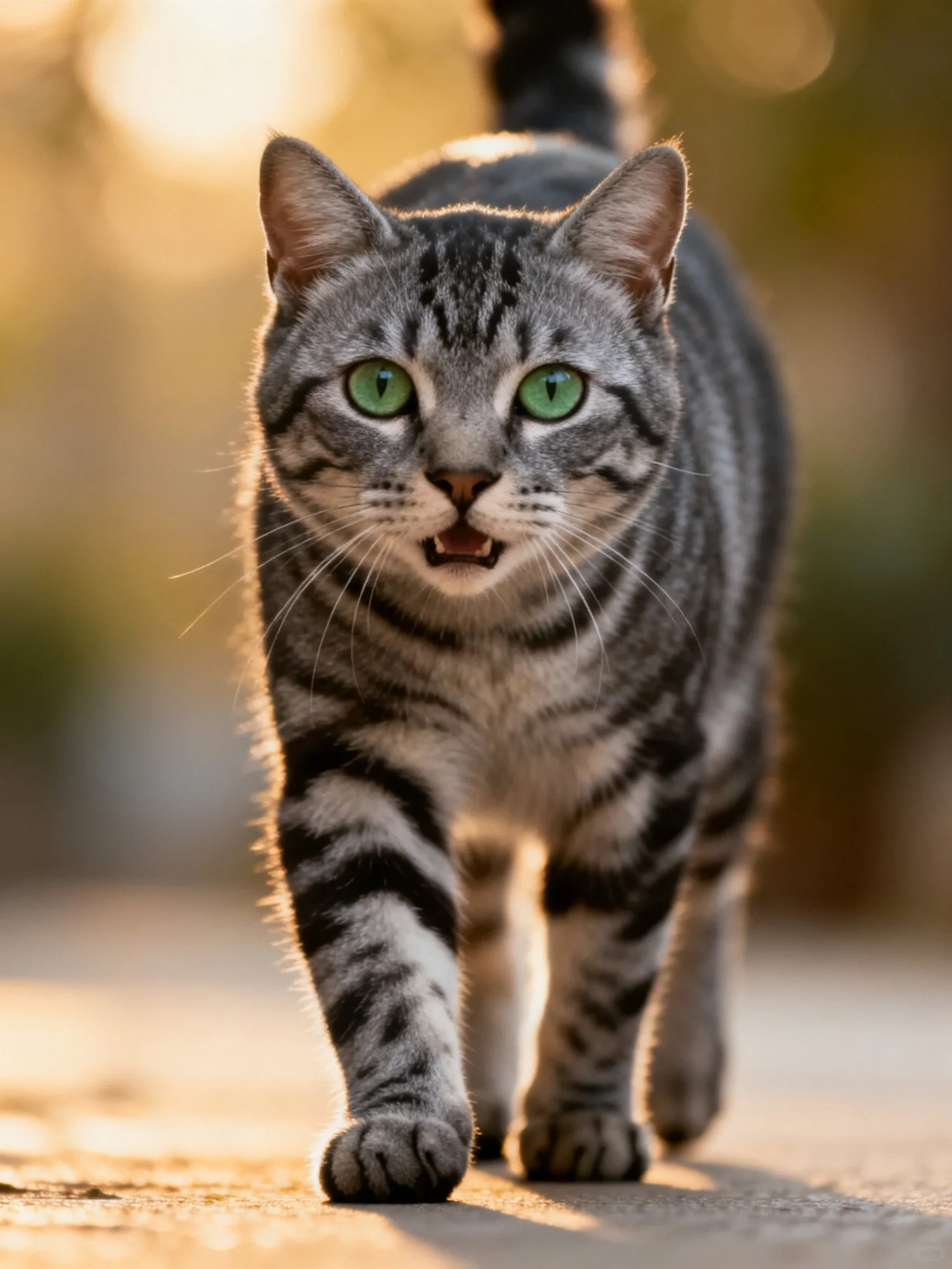 A gray tabby cat with green eyes walks along a sunlit path.