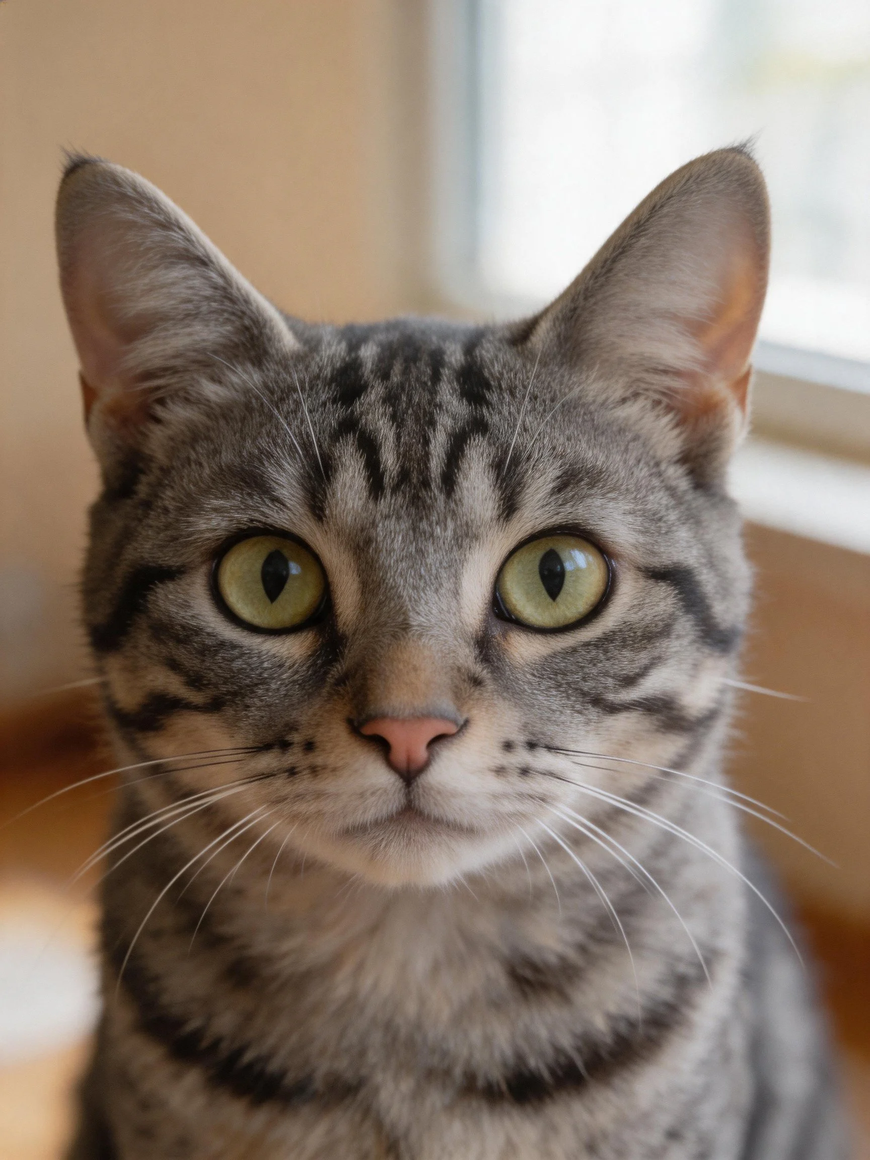 A gray tabby cat with large green eyes gazes toward the viewer near a window.