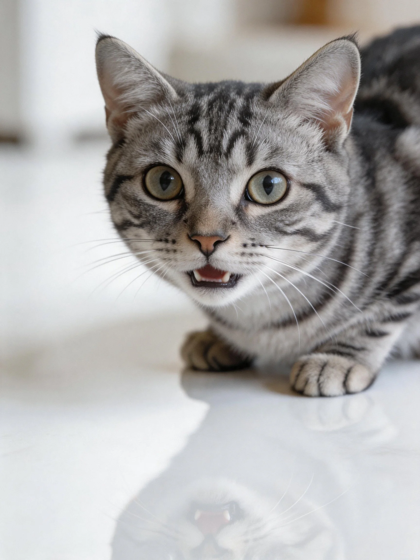 A gray tabby cat with large green eyes appears alert on a glossy white surface.