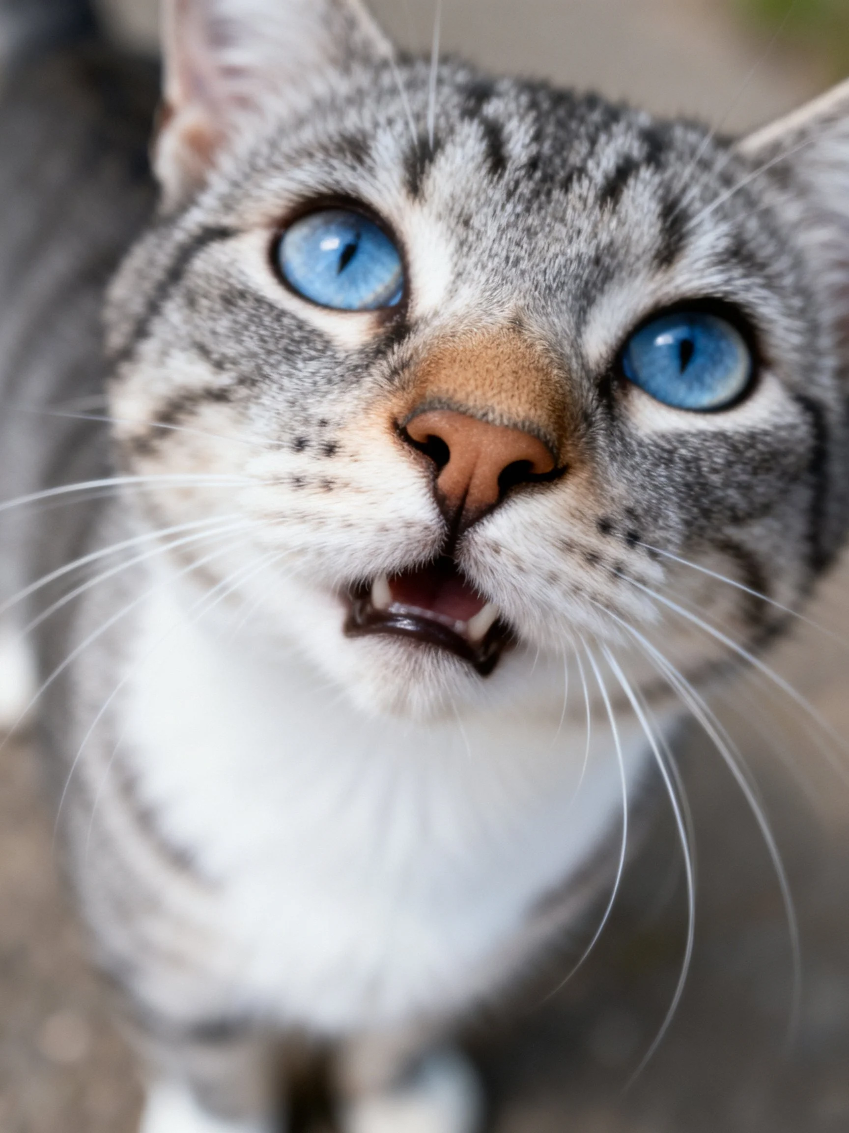 Gray tabby cat with striking blue eyes and white chest