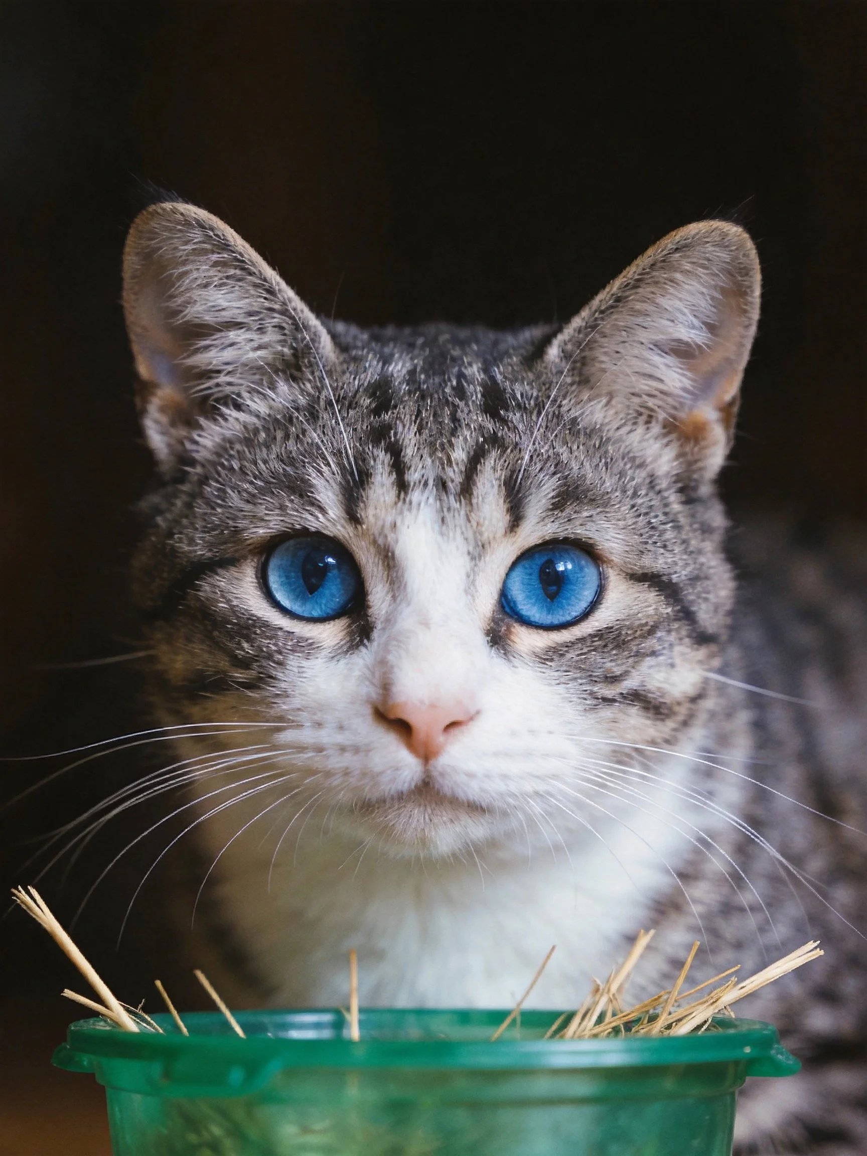 Gray tabby cat with striking blue eyes beside a green container of straw