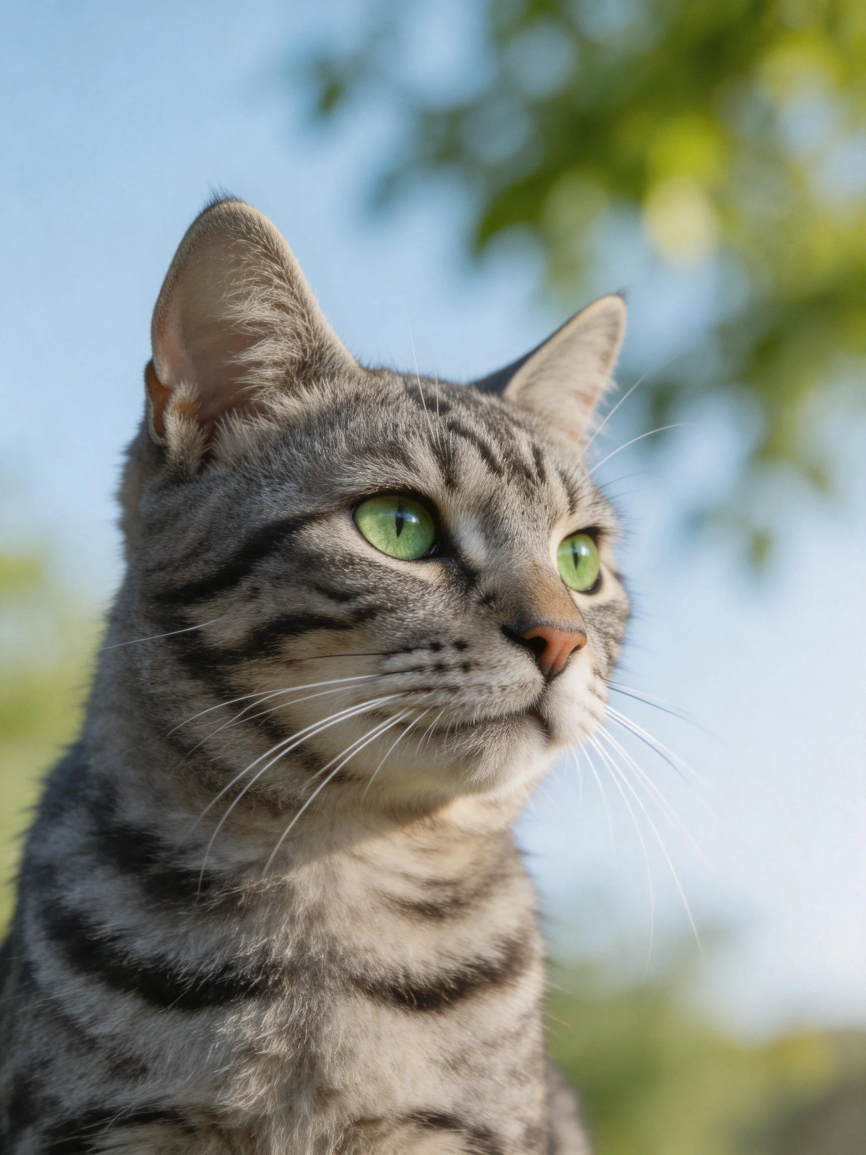 A gray tabby cat with vibrant green eyes looks attentively outdoors.