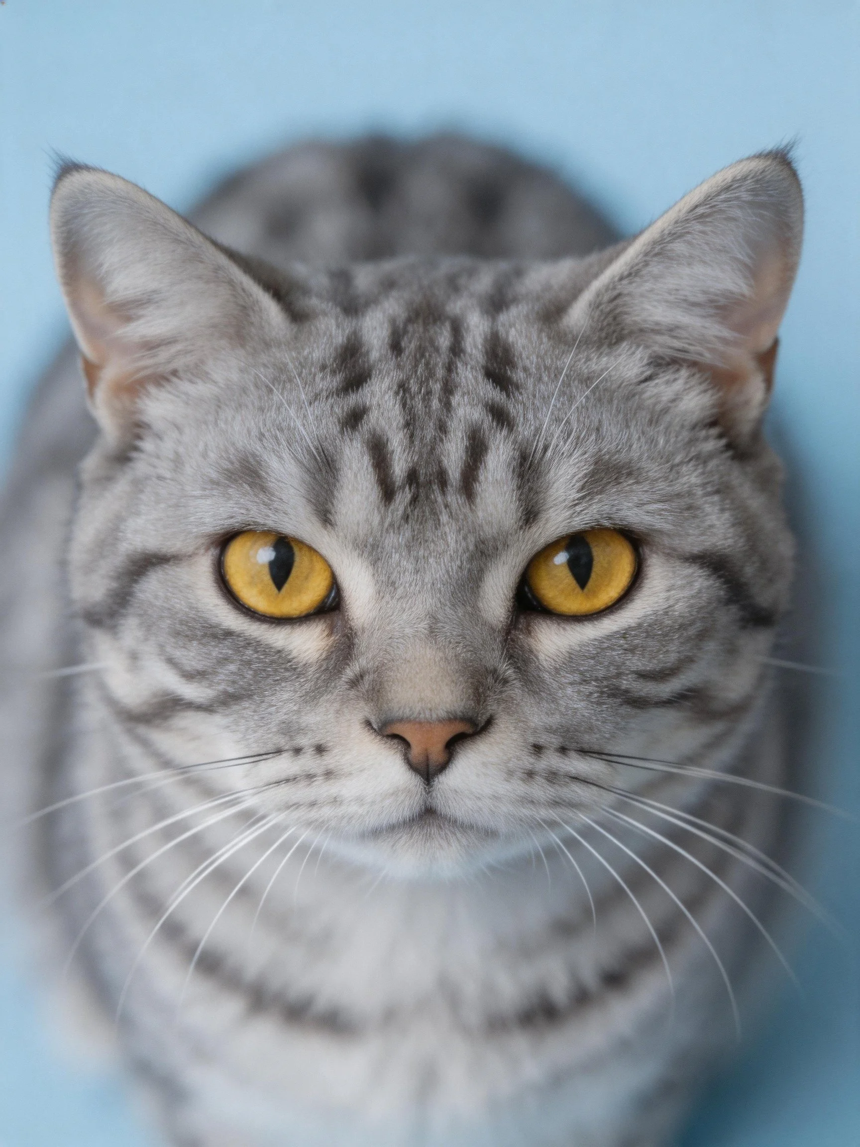 A gray tabby cat with vibrant yellow eyes stares directly at the viewer.