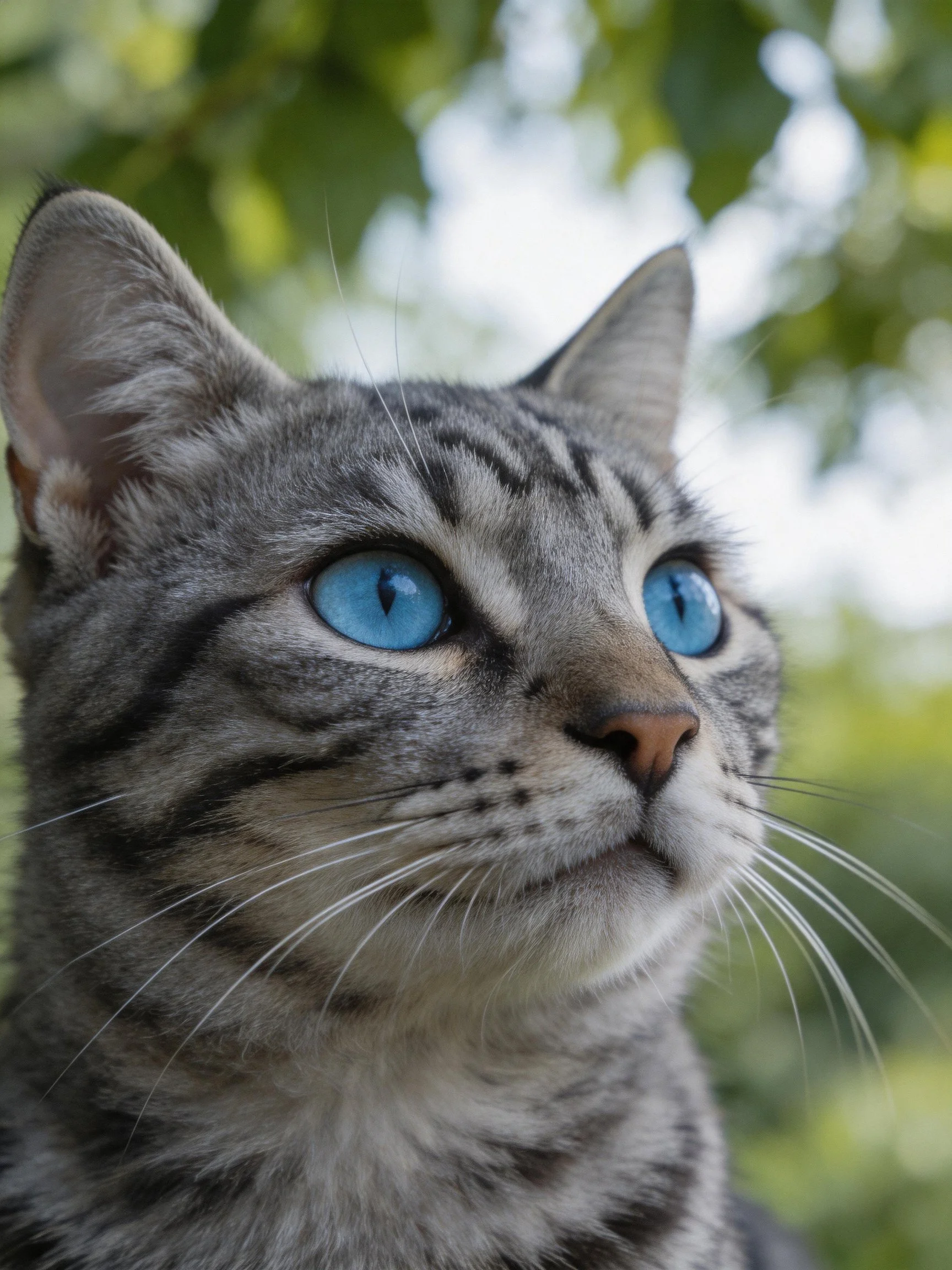 A gray tabby cat with bright blue eyes gazes upward near blurred greenery.