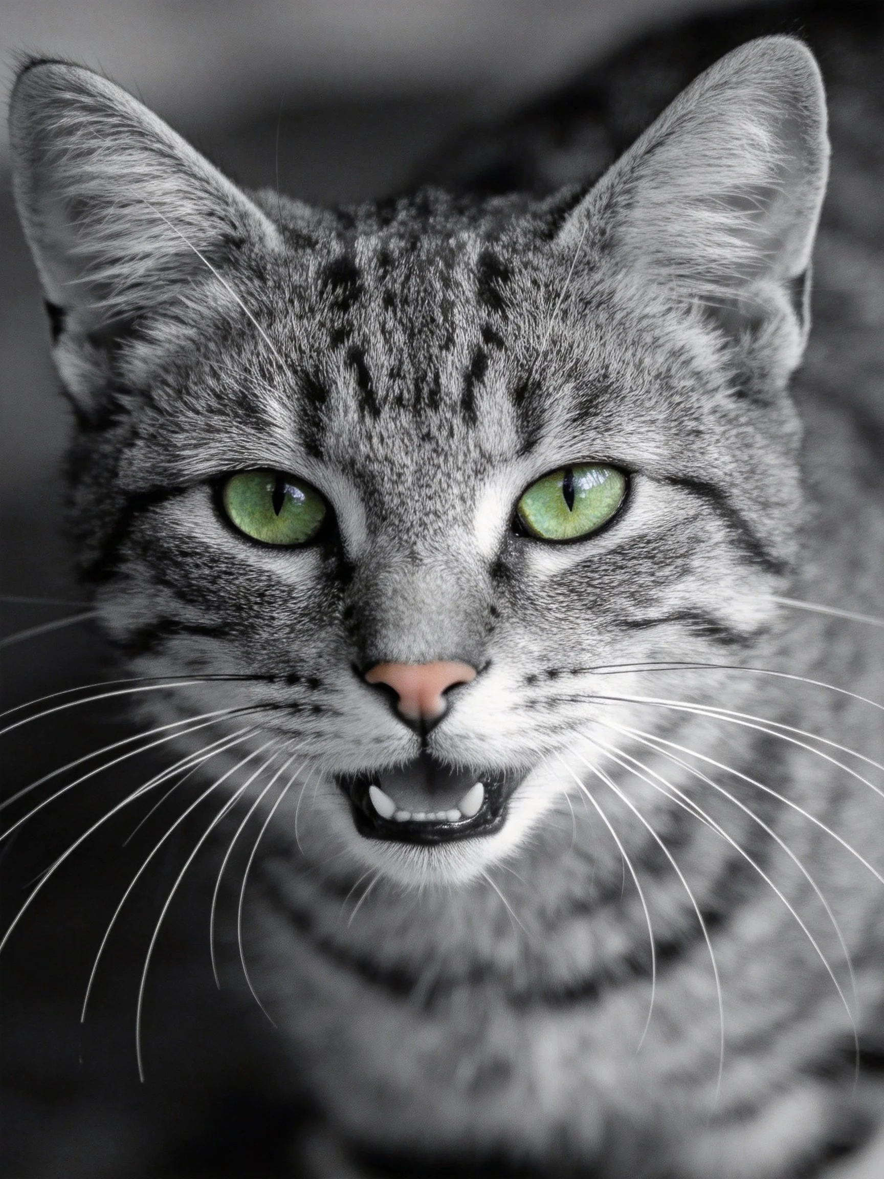 A gray tabby cat with green eyes shows an open - mouthed expression.