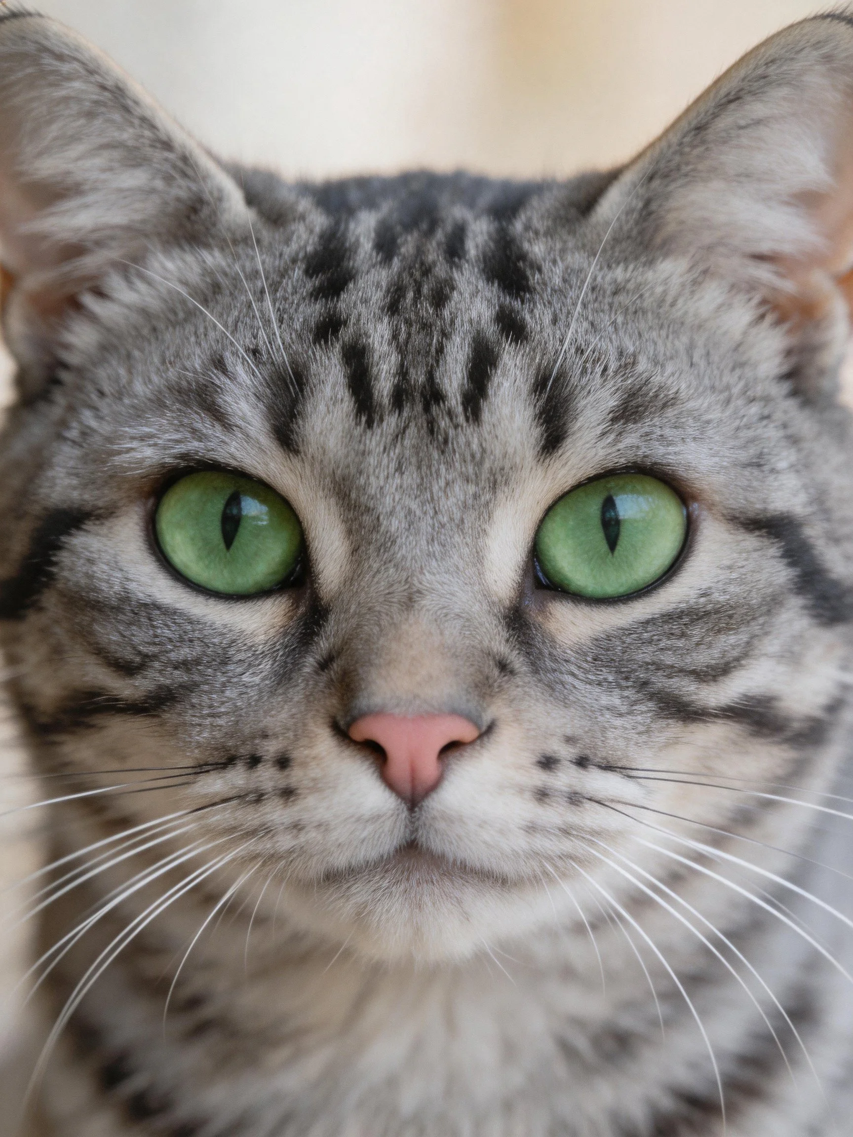 Gray tabby cat with vivid green eyes and pink nose
