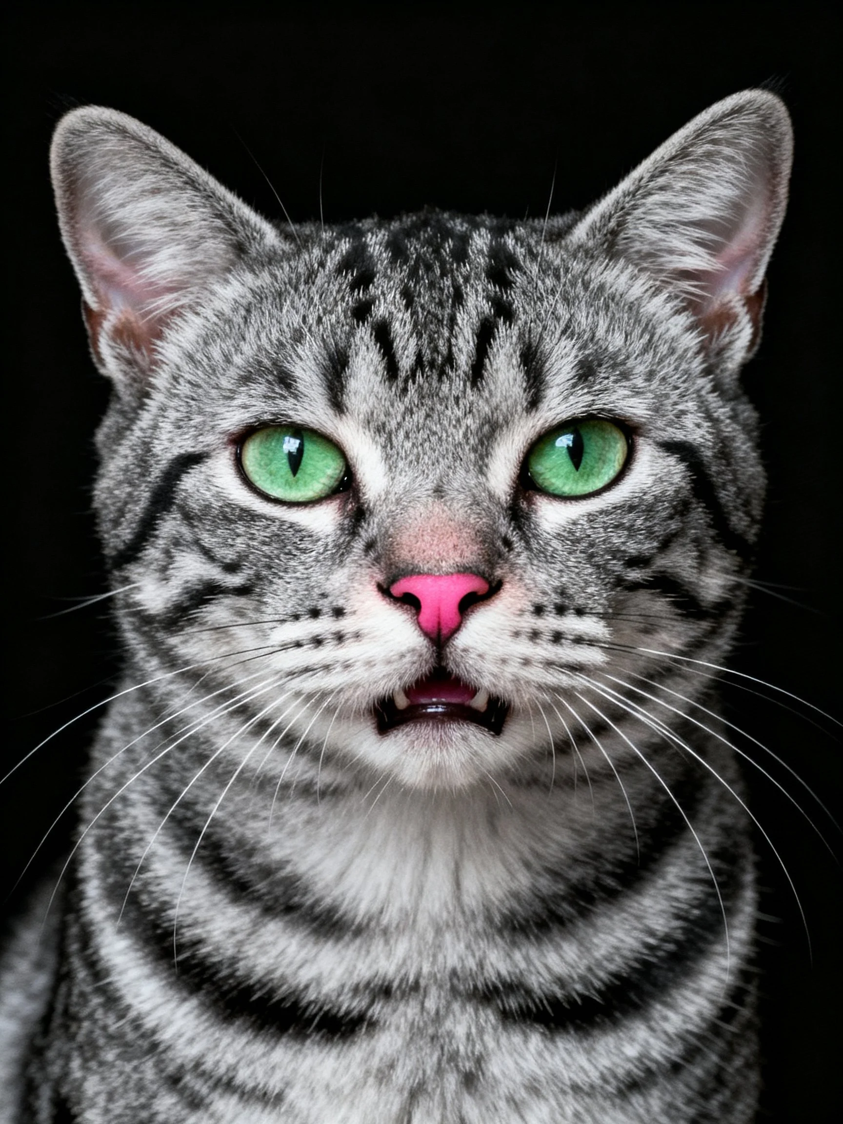 A gray tabby cat with bright green eyes gazes directly at the viewer.
