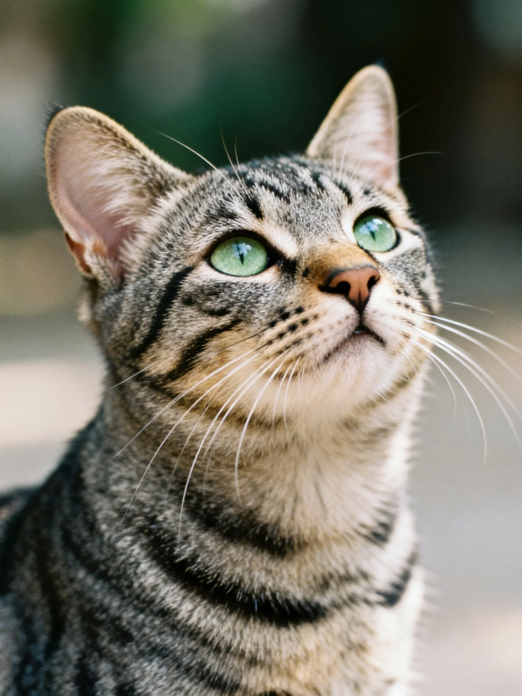 Gray tabby cat with vivid green eyes gazing upward