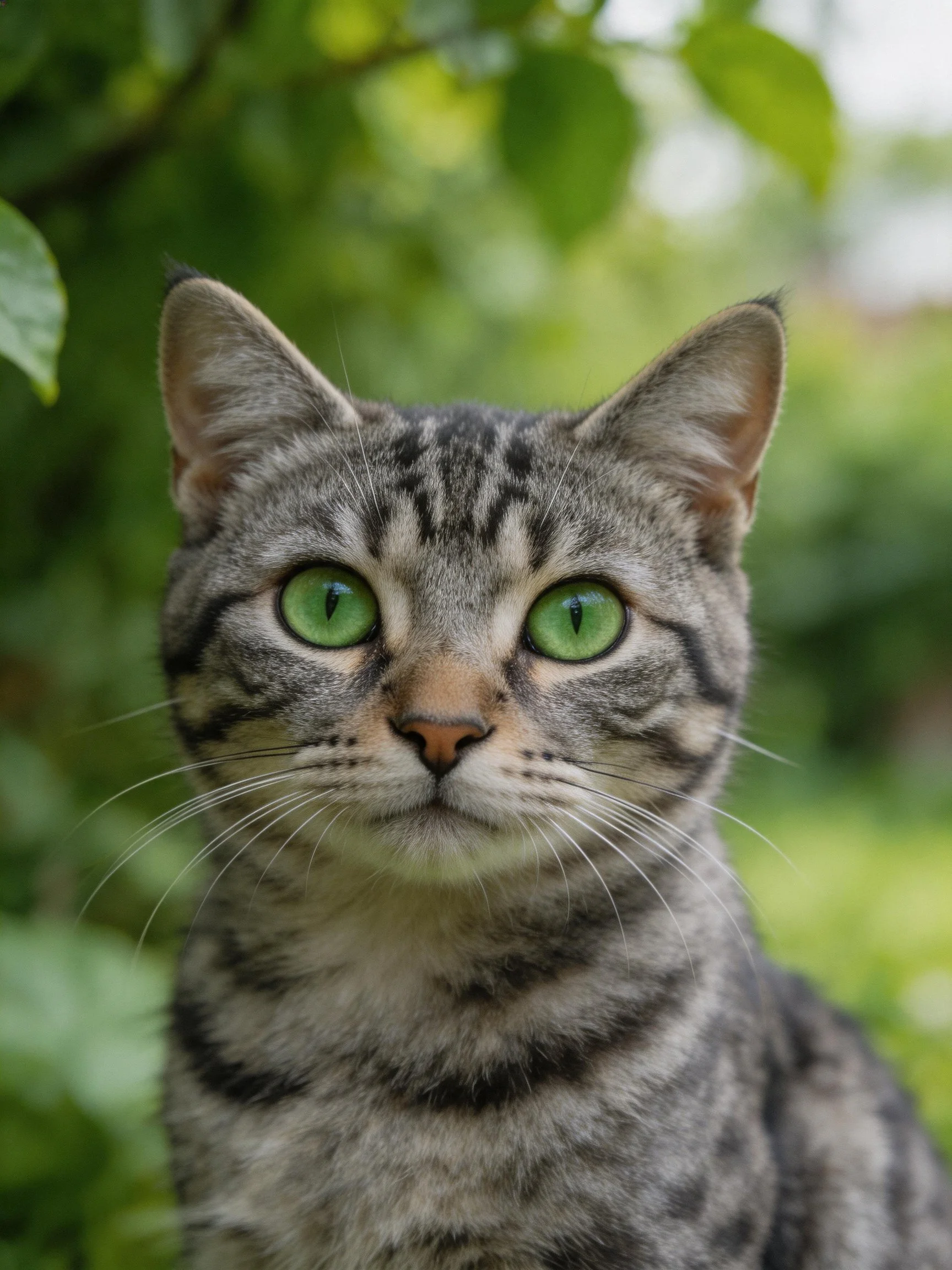 A gray tabby cat with striking green eyes sits amid lush green foliage.