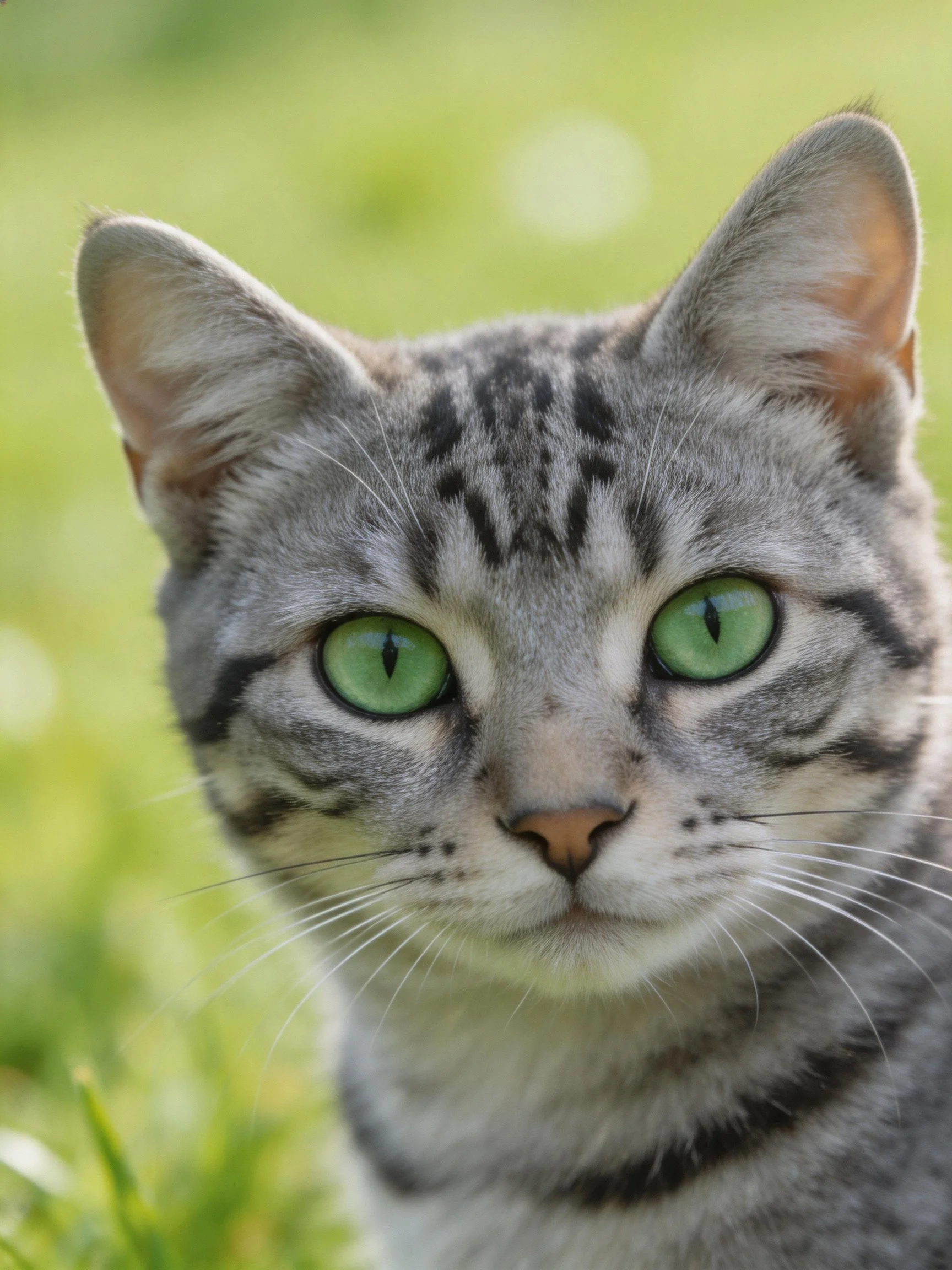 A gray tabby cat with bright green eyes is centered against a softly blurred green backdrop.