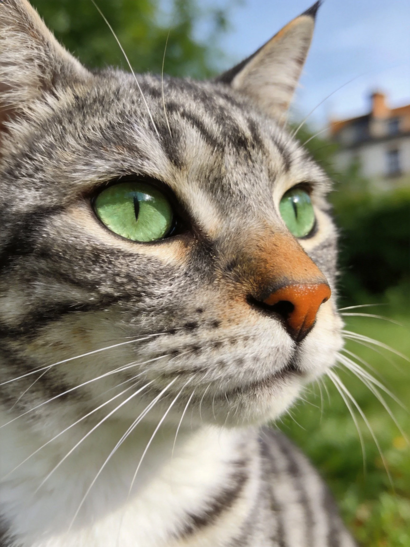 Close - up of a gray tabby cat with bright green eyes in an outdoor setting.