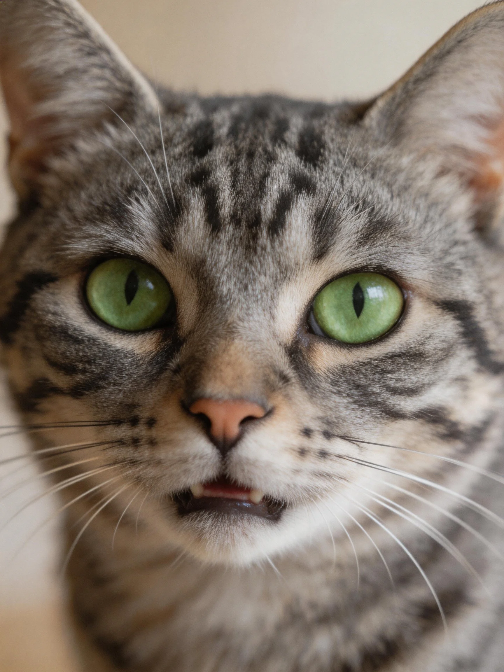 Gray tabby cat with vivid green eyes in close-up